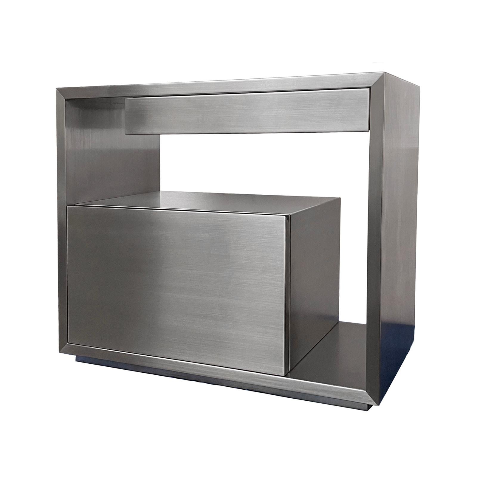 Spectacular Stainless 2-Drawer Night table. Brushed finish & Custom sizes available. Finger-pull Drawers 