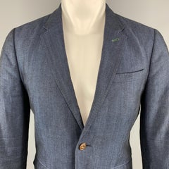 TED BAKER Chest Size 38 Herringbone Navy Linen / Cotton Notch Lapel Sport Coat