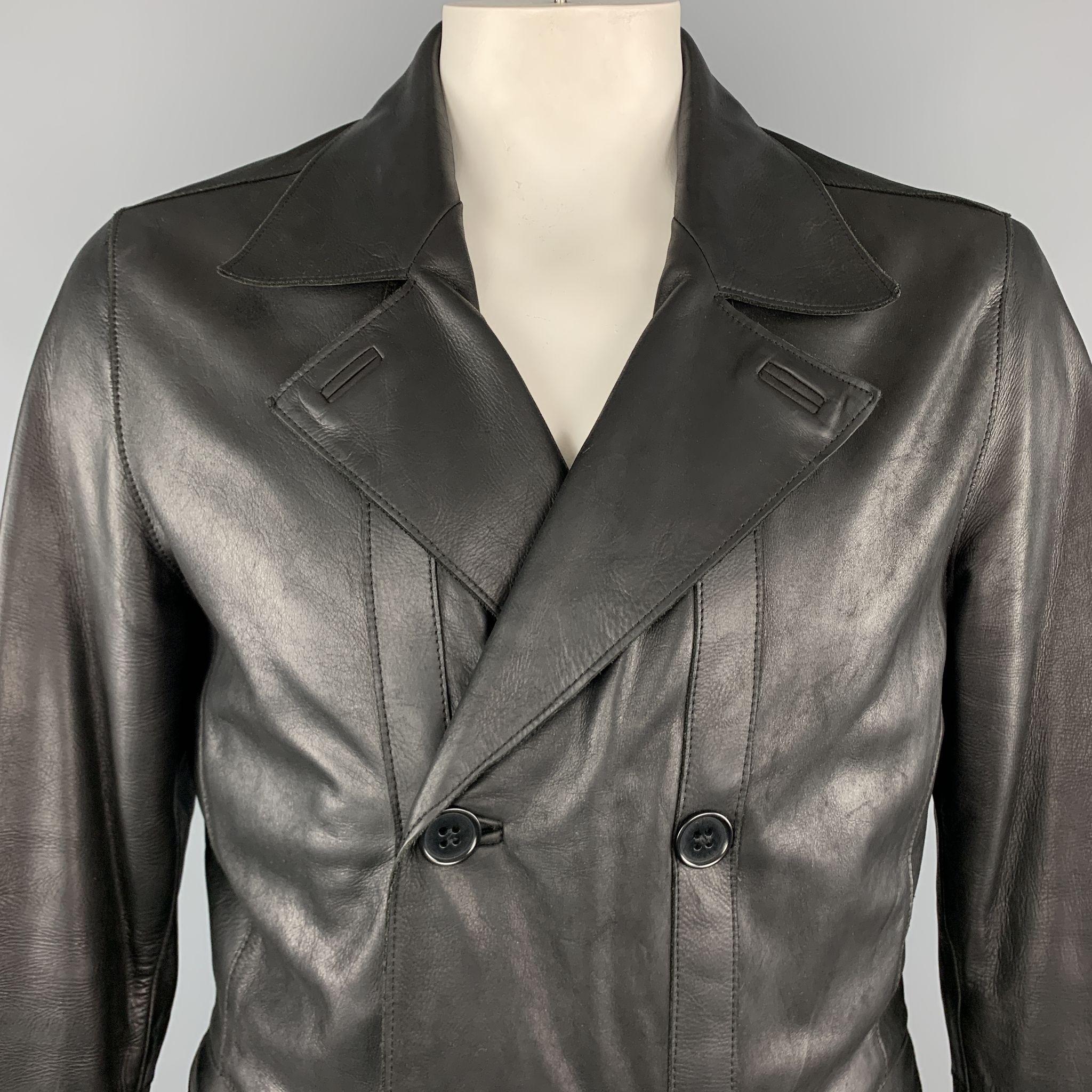 TED BAKER peacoat comes in black leather with a double breasted  button front, pointed lapel, and flap pockets. 

Very Good Pre-Owned Condition.
Marked: JP 4

Measurements:

Shoulder: 17 in.
Chest: 42 in.
Sleeve: 27 in.
Length: 33 in.