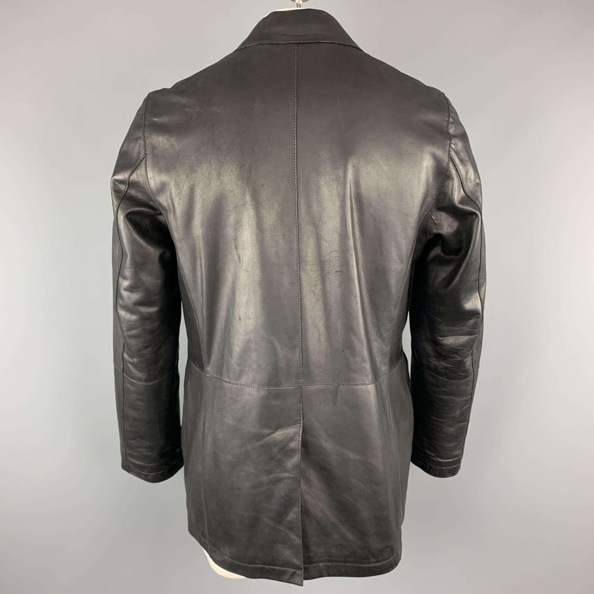 TED BAKER L Black Leather Double Breasted Peacoat In Good Condition In San Francisco, CA