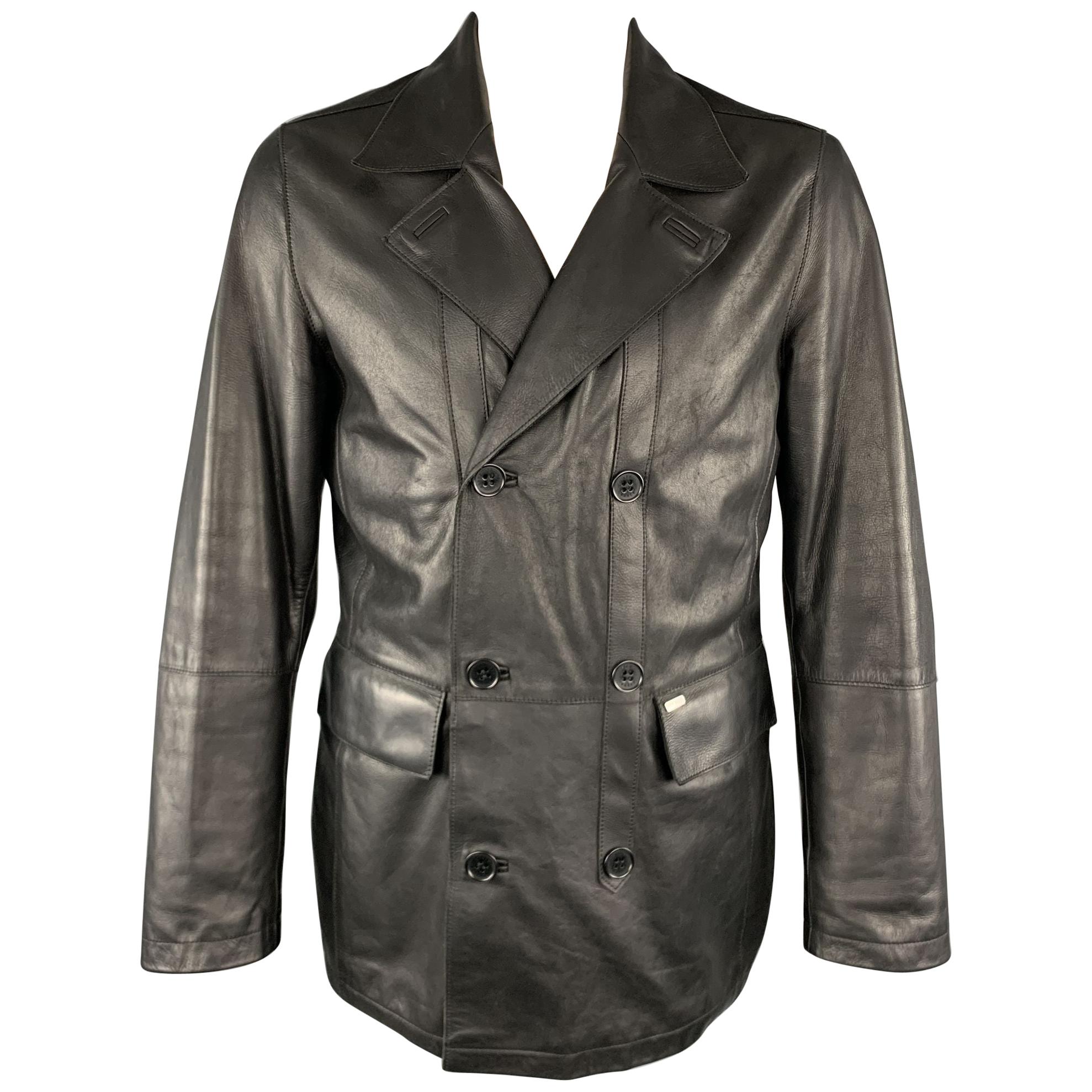 TED BAKER L Black Leather Double Breasted Peacoat