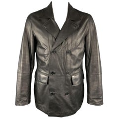 TED BAKER L Black Leather Double Breasted Peacoat