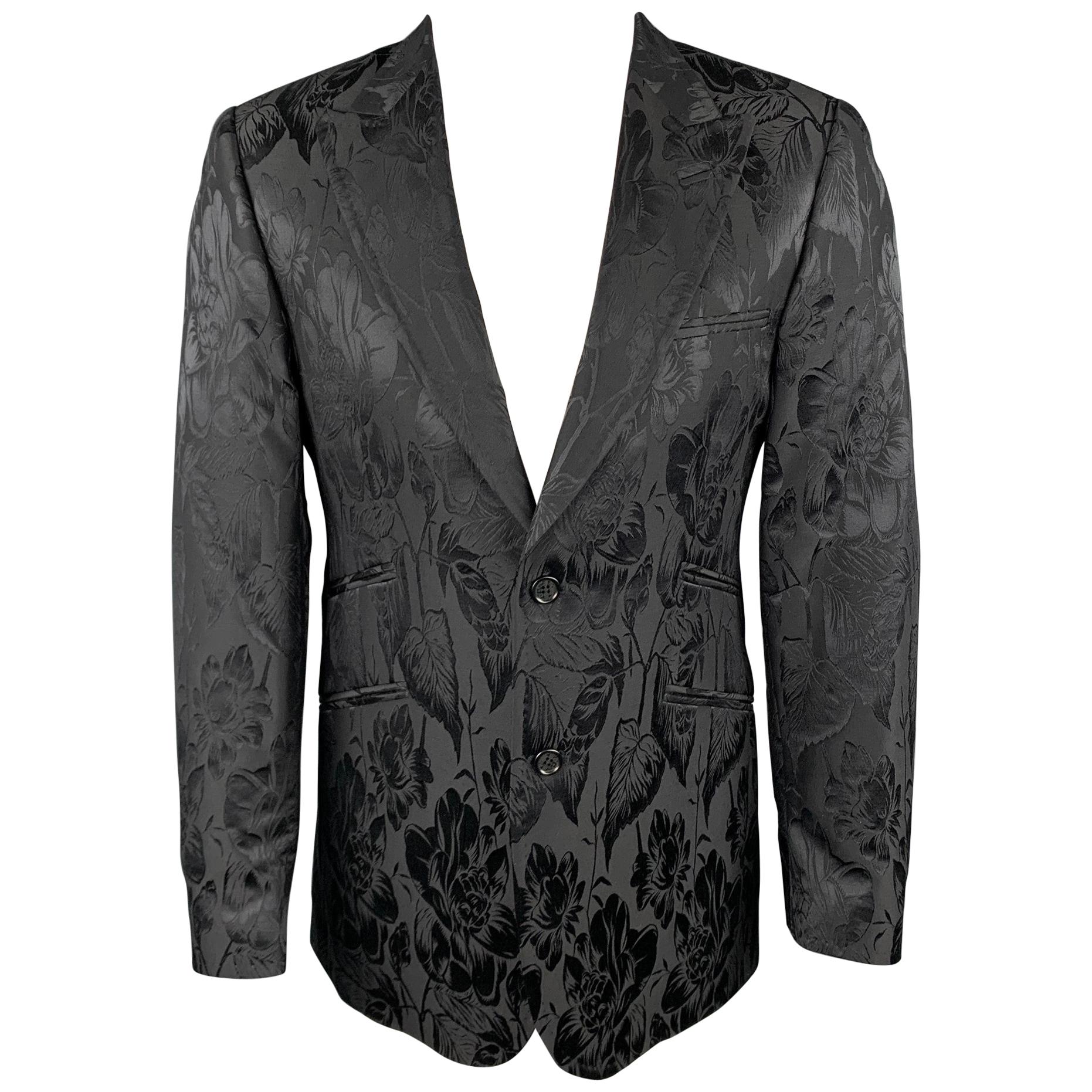 TED BAKER Size 38 Regular Black Jacquard Wool / Silk Peak Lapel Sport Coat