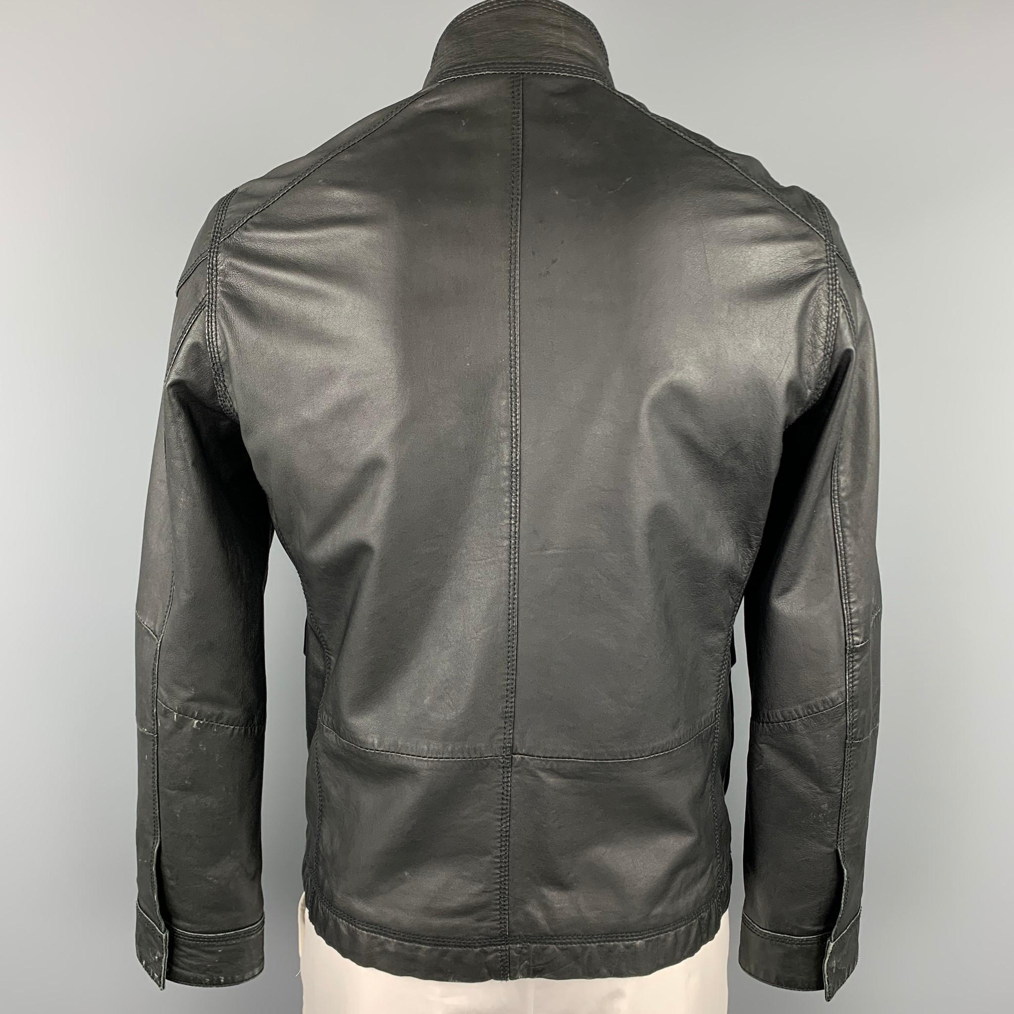 TED BAKER Size L Black Leather Zip & Snaps Zip Up Jacket In Good Condition In San Francisco, CA