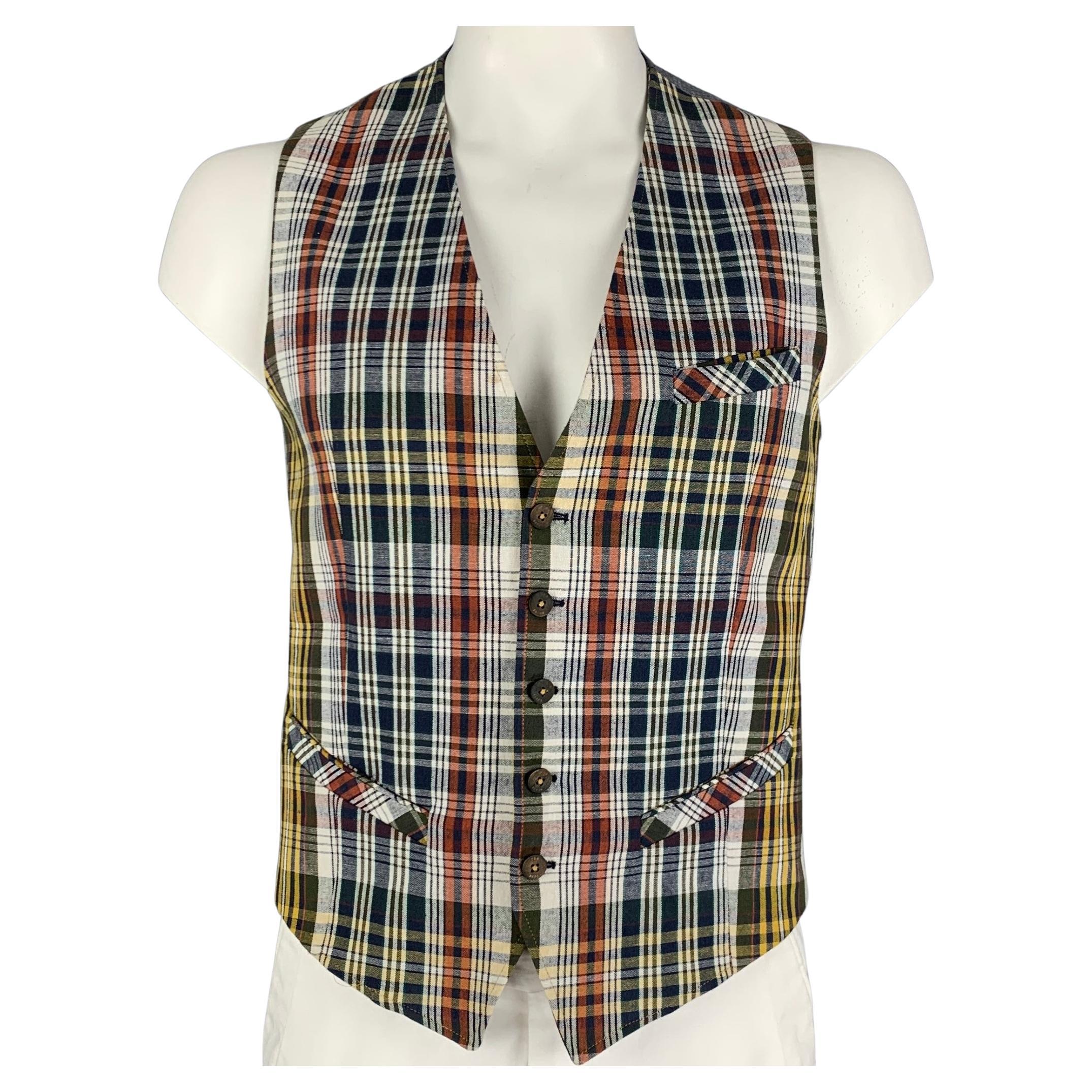 TED BAKER Size L Multi Color Plaid Cotton Linen Buttoned Vest For