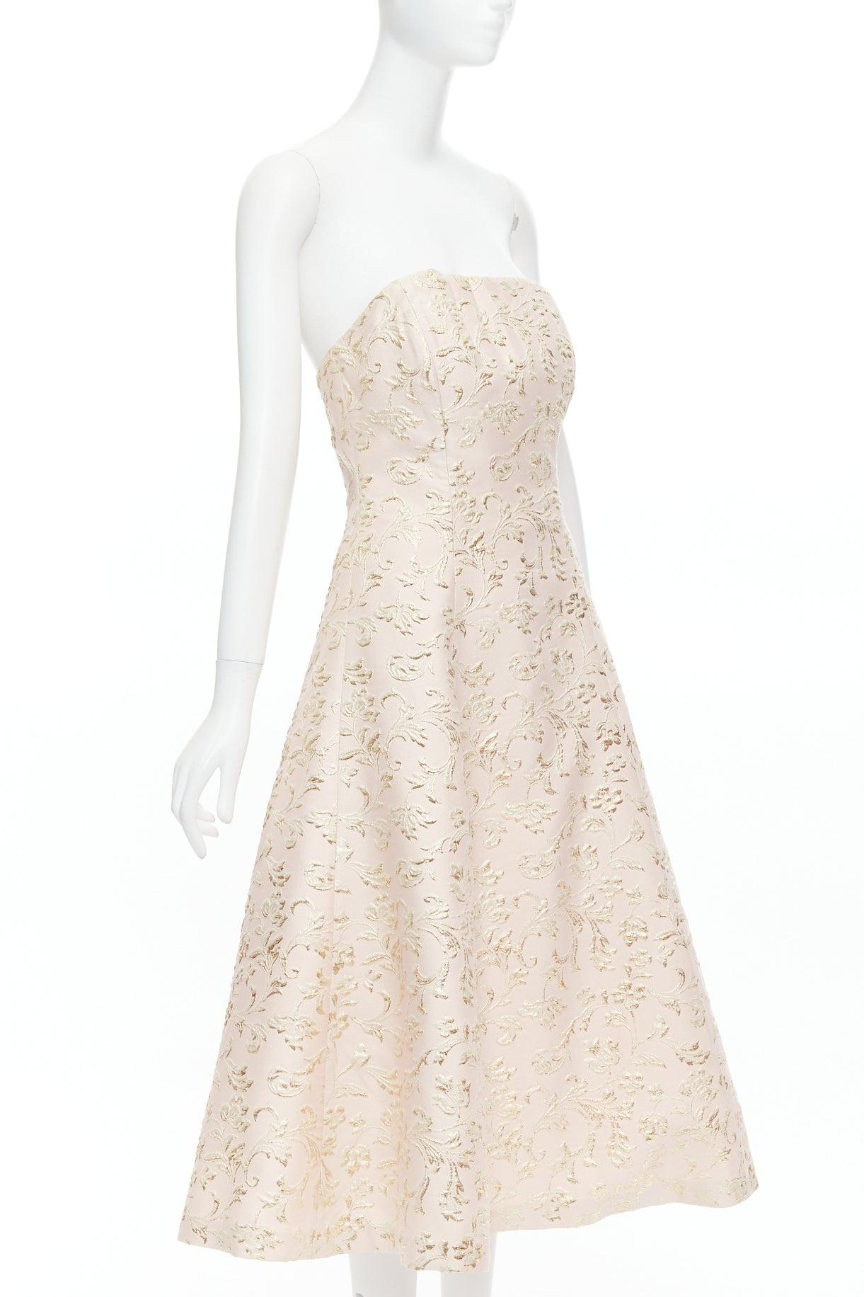 Beige TED BAKER TUX Langley pink acetate blend gold jacquard strapless dress US2 S For Sale