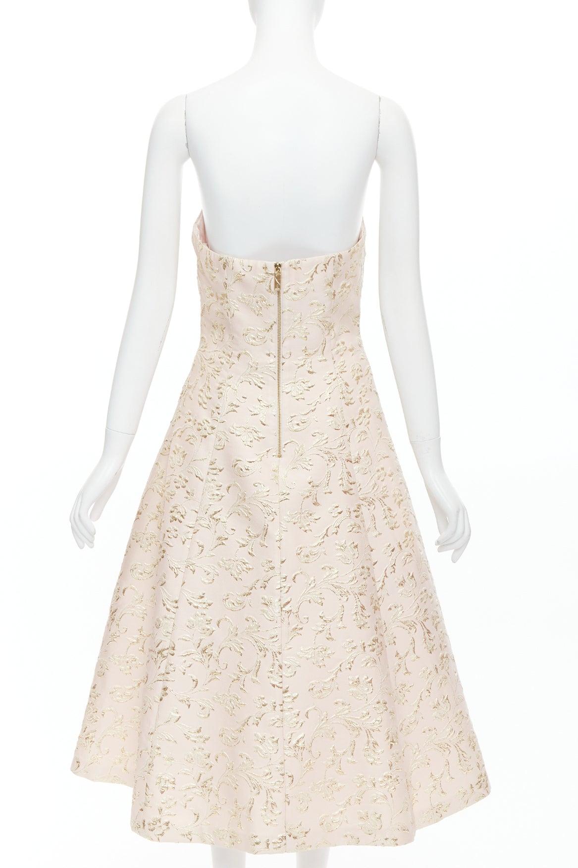 Women's TED BAKER TUX Langley pink acetate blend gold jacquard strapless dress US2 S For Sale