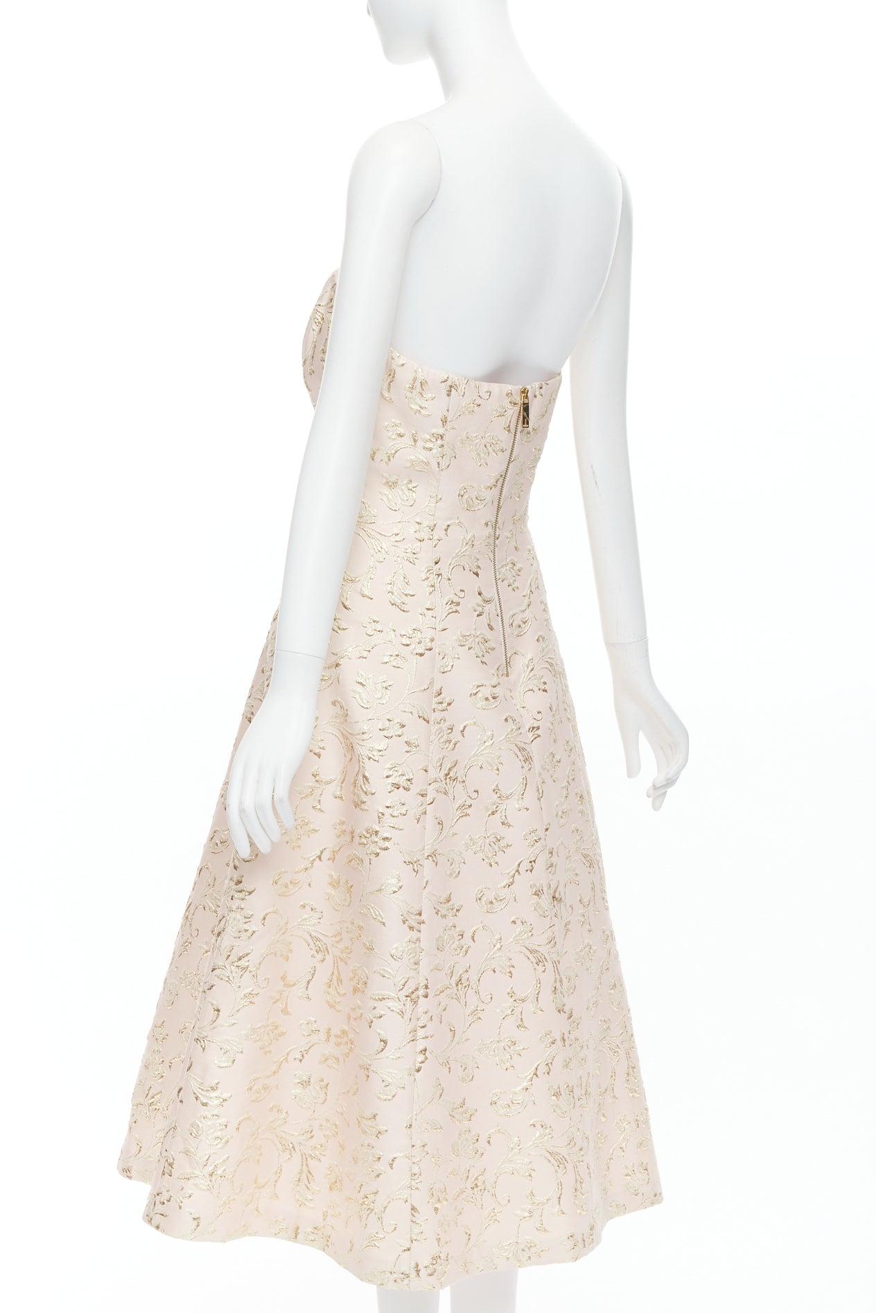 TED BAKER TUX Langley pink acetate blend gold jacquard strapless dress US2 S For Sale 1