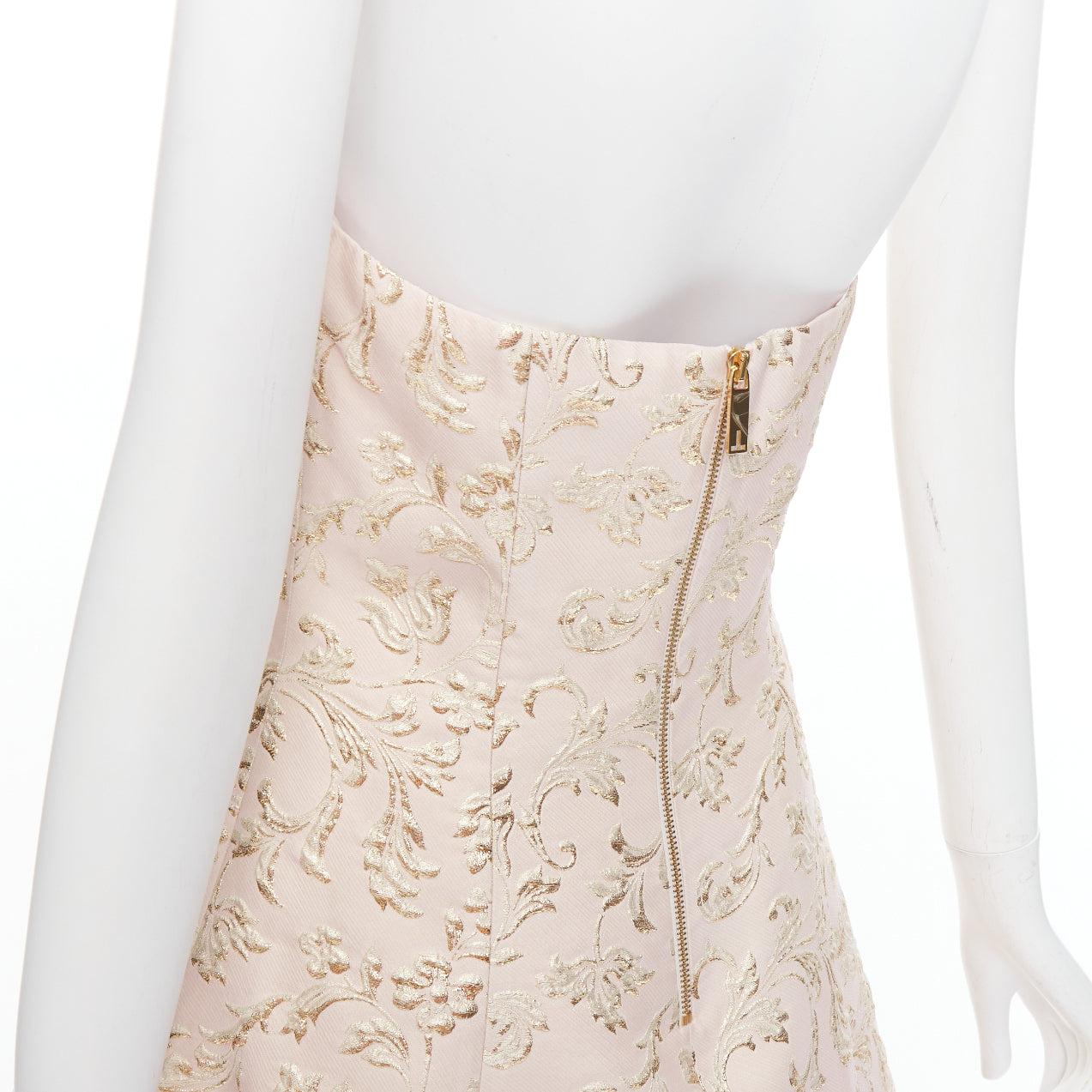 TED BAKER TUX Langley pink acetate blend gold jacquard strapless dress US2 S For Sale 2