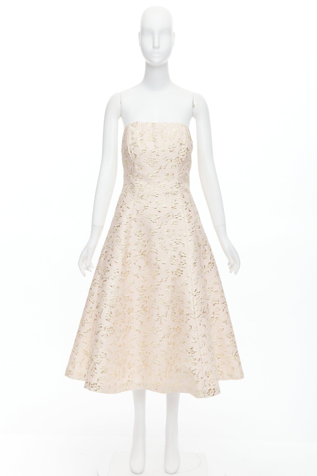 TED BAKER TUX Langley pink acetate blend gold jacquard strapless dress US2 S For Sale 4
