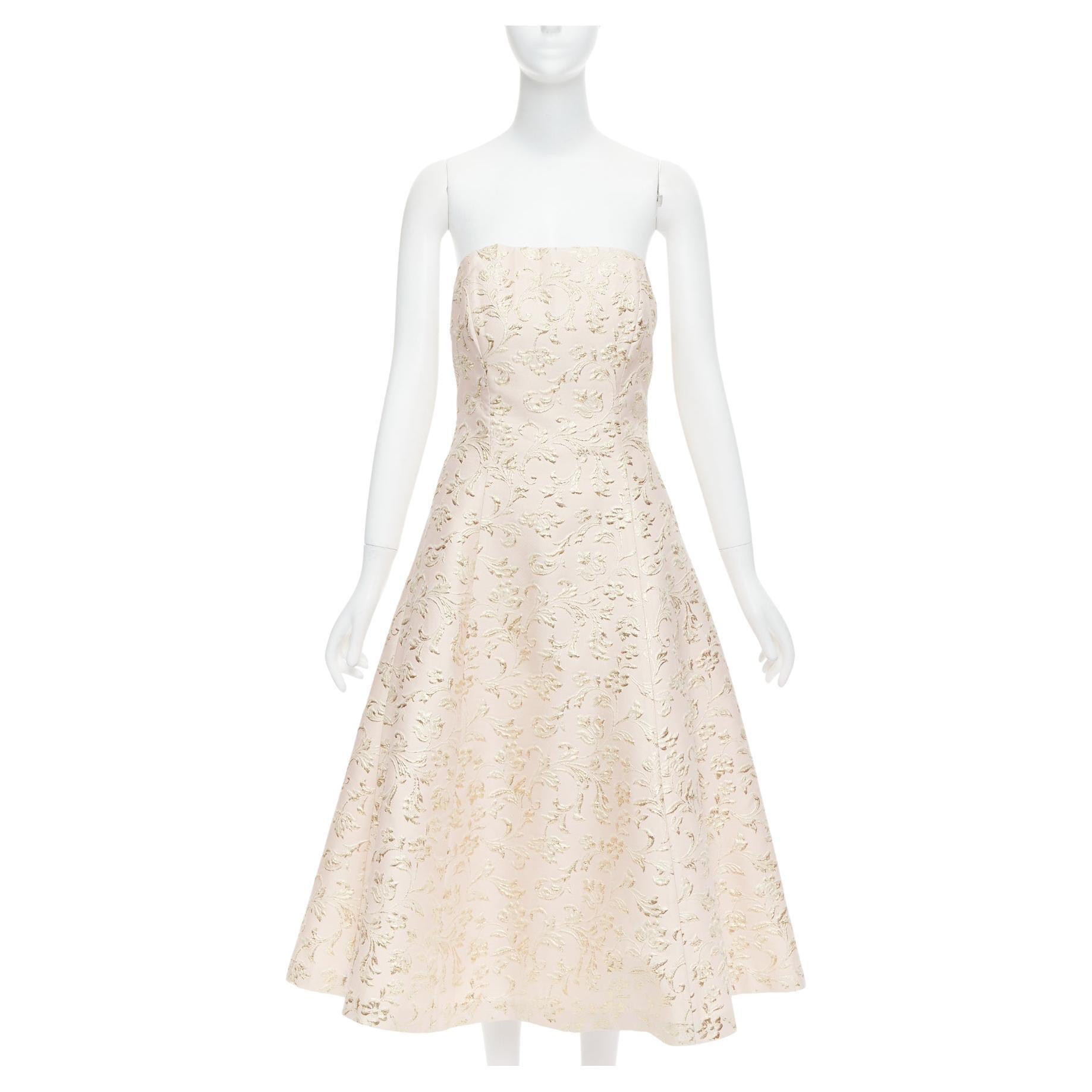 TED BAKER TUX Langley pink acetate blend gold jacquard strapless dress US2 S For Sale