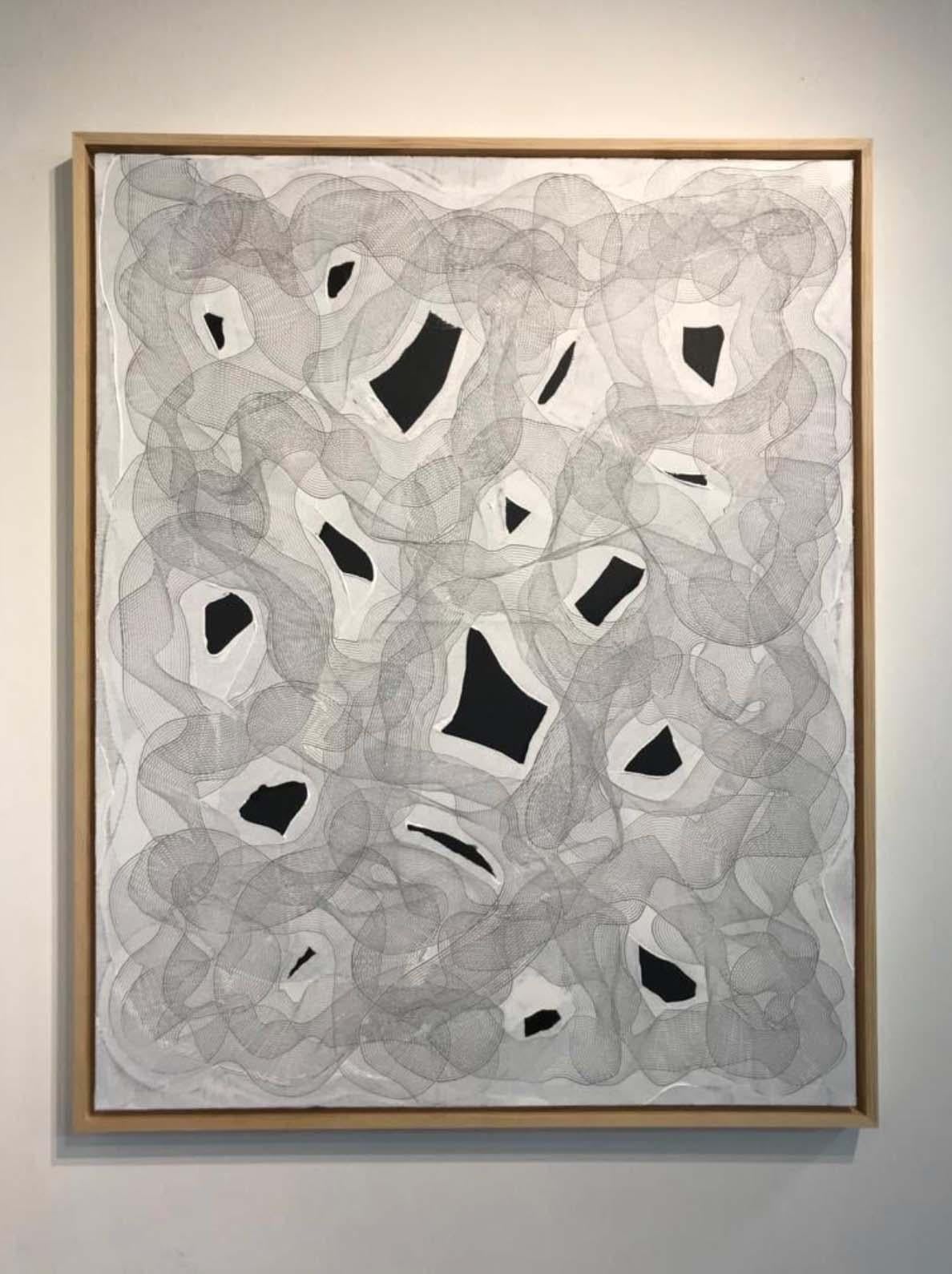 Abstract black and white painting by Ted Collier in his linear series.