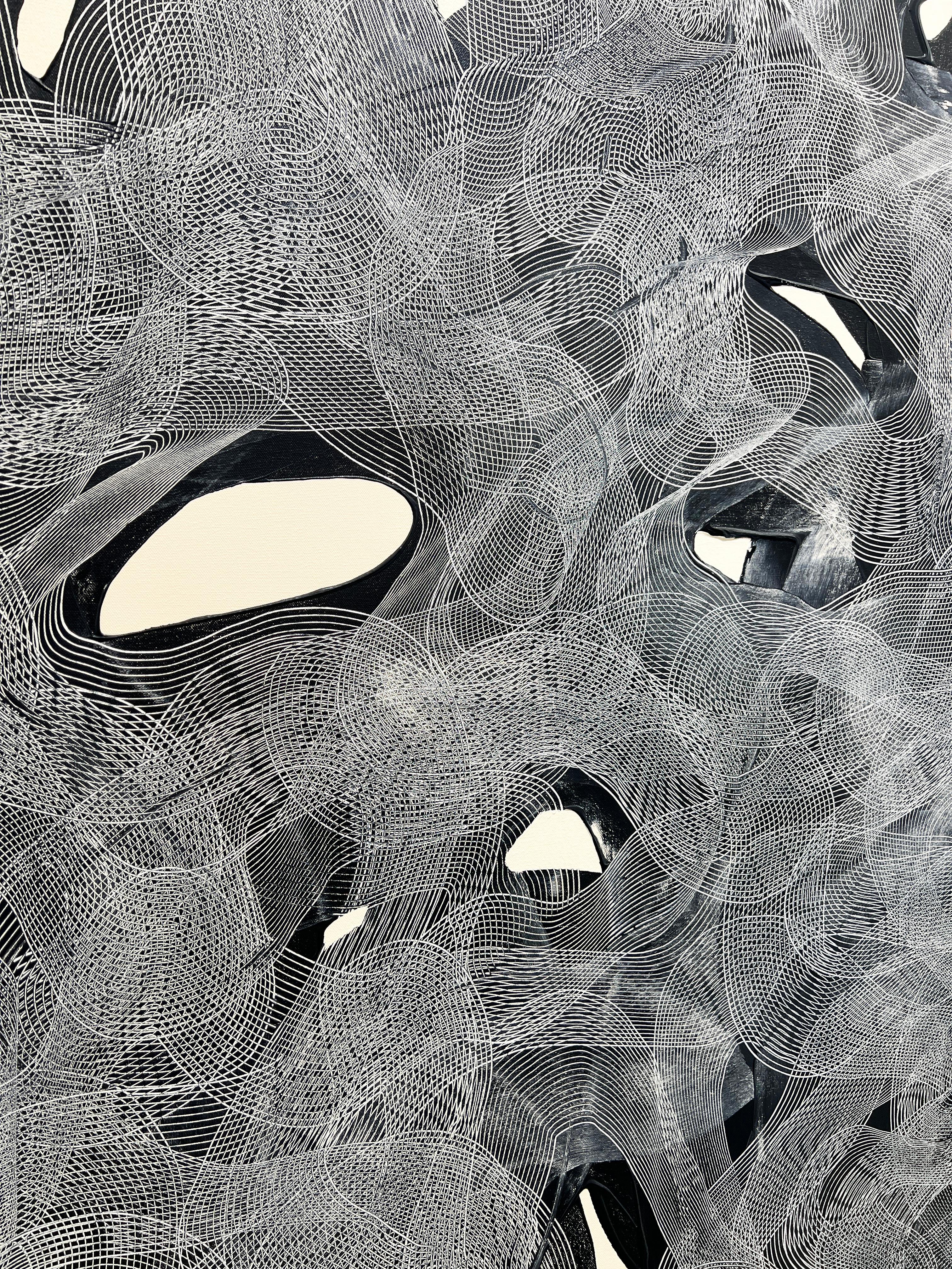 Ted Collier mimics the movement of snakeskin with a focus on black and white linear abstraction.