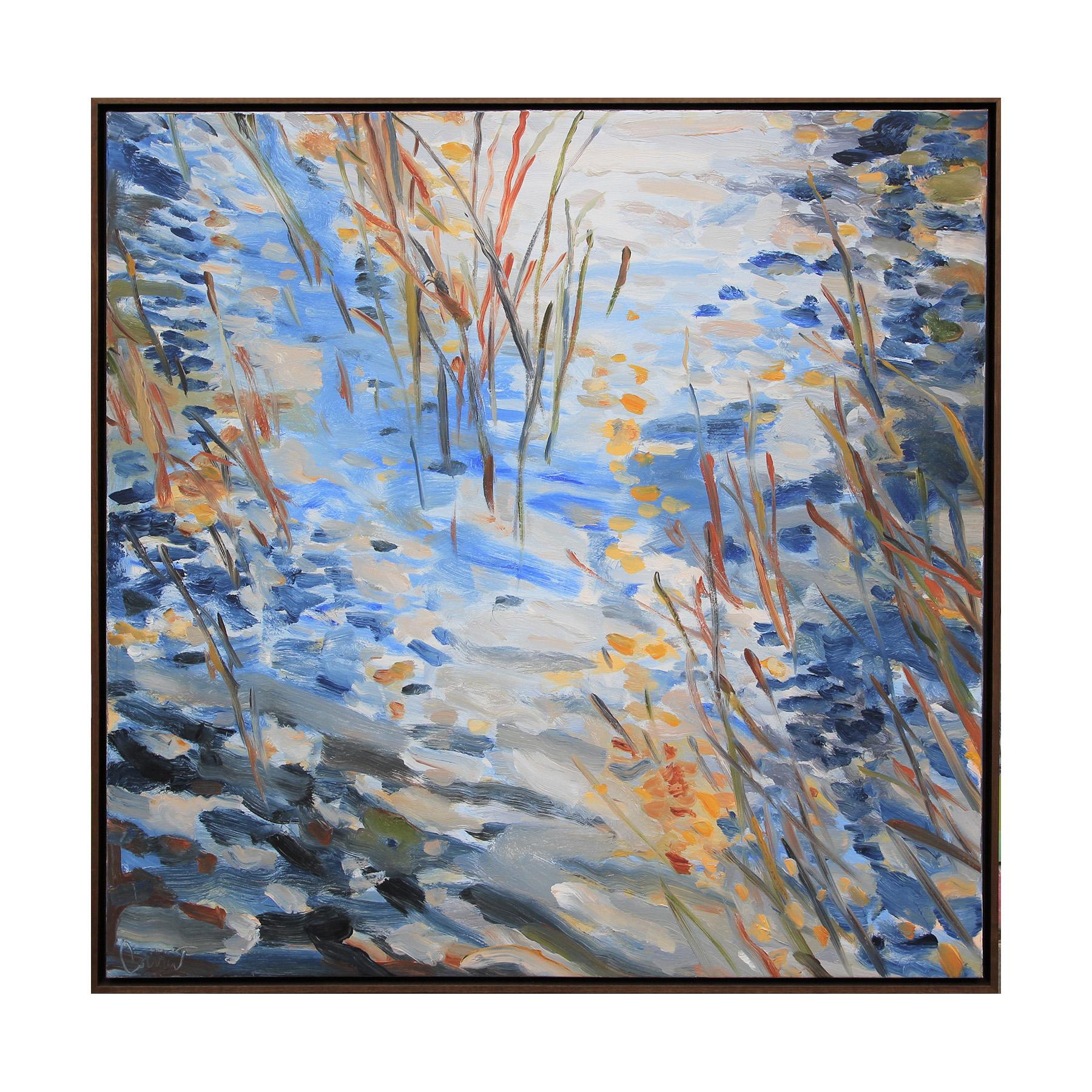 Ted Cowart Landscape Painting - "Misty Morning Pond" Blue and Yellow Abstract Impressionist Water Scene 