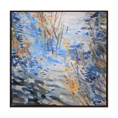 Used "Misty Morning Pond" Blue and Yellow Abstract Impressionist Water Scene 