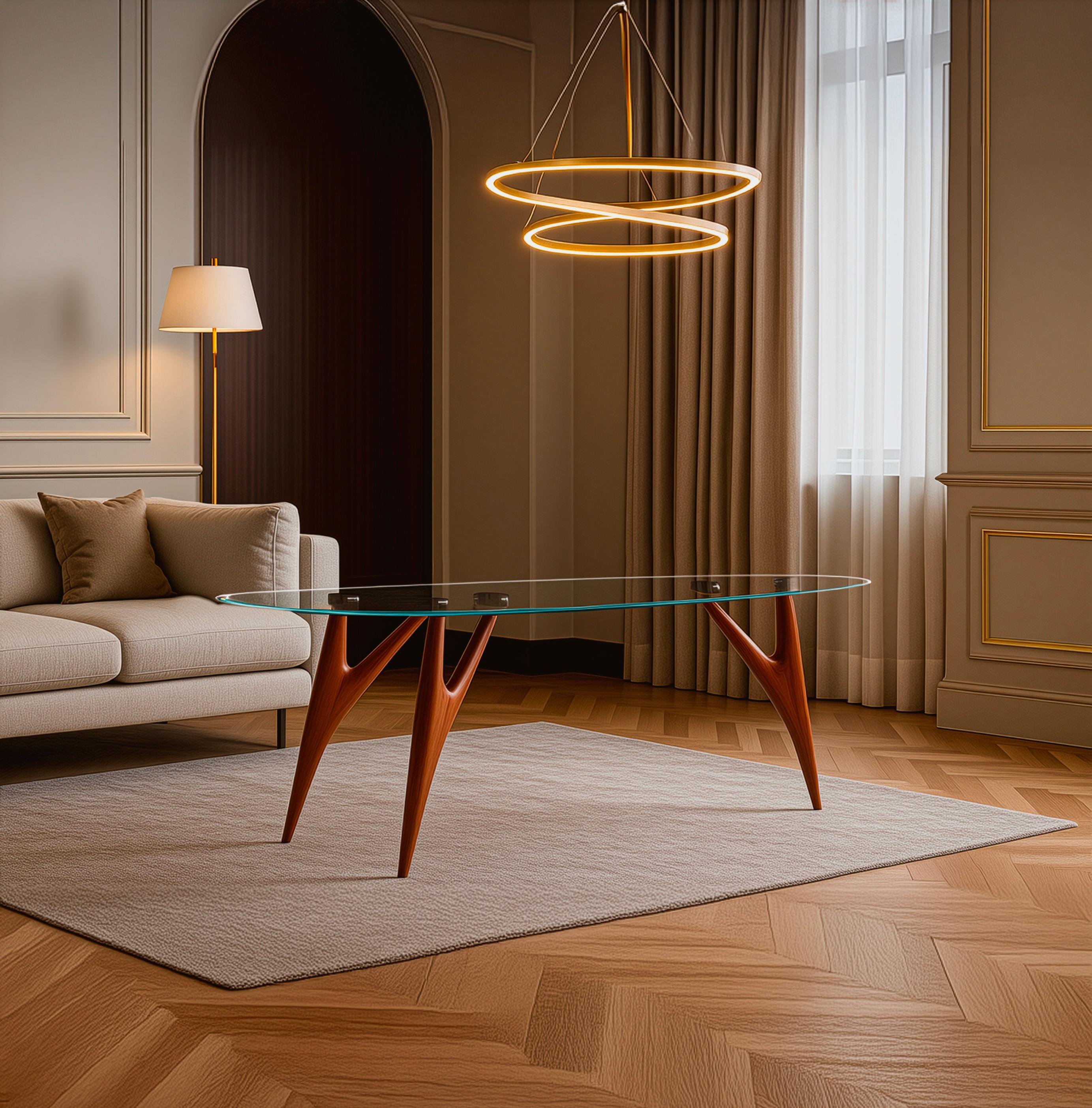 Moderne Table de salle à manger Ted Crystal - Base sculptée en acajou Sapelli massif avec plateau en verre en vente