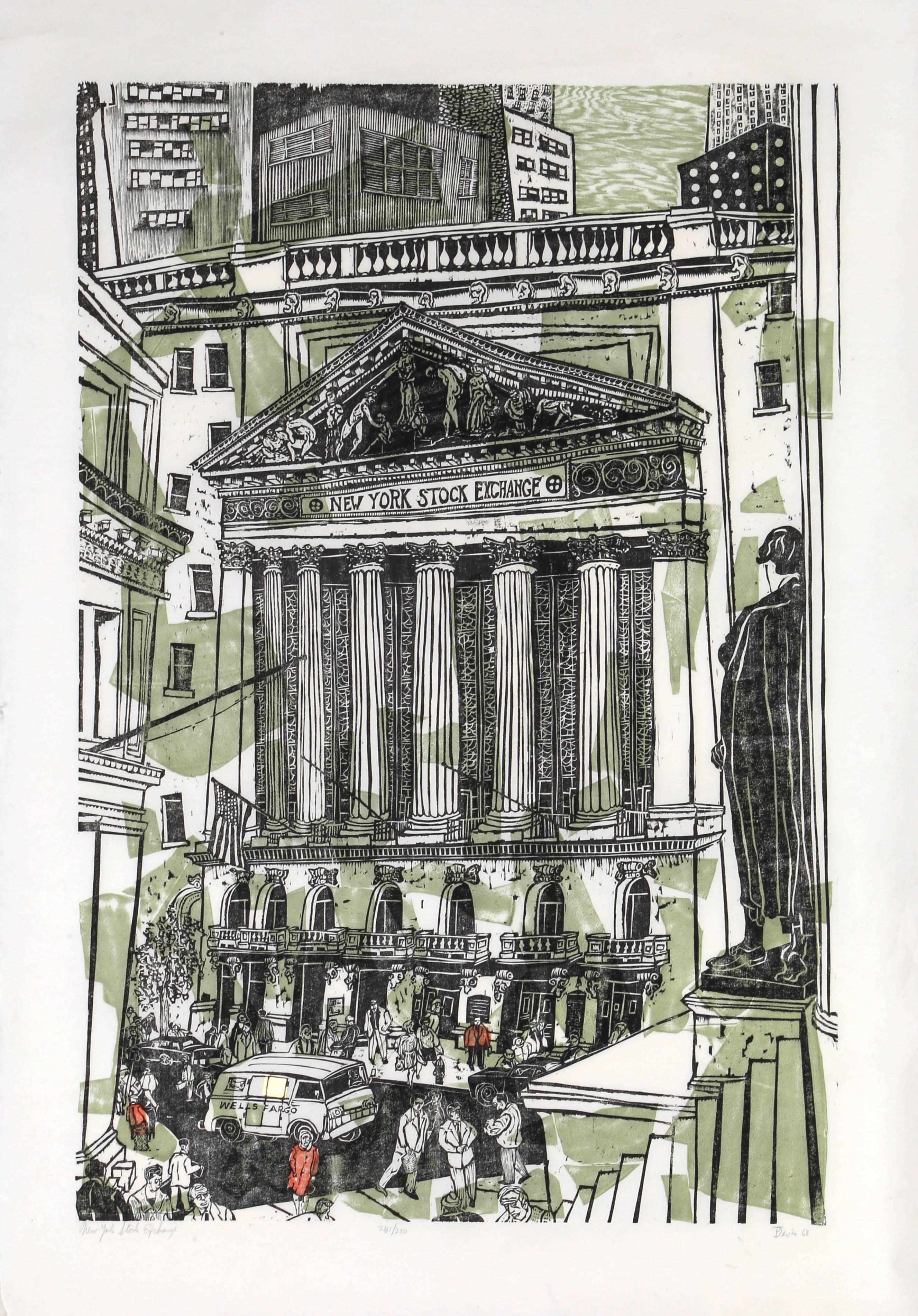 New Yorker Börse von New York, Holzschnittdruck von Ted Davies