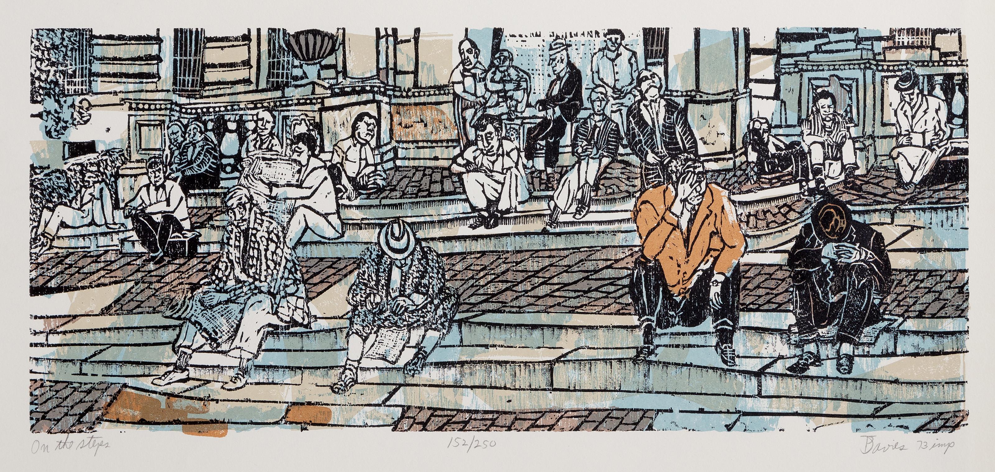 Ted Davies, American (1928 - ) - On The Steps, Year:  1973, Medium:  Woodcut on Rives, signed, titled, numbered and dated in pencil, Edition:  152/250, Image Size:  6.5 x 15 inches, Size:  13 x 20 in. (33.02 x 50.8 cm)