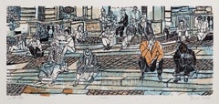 On The Steps, Pop Art Woodcut by Ted Davies