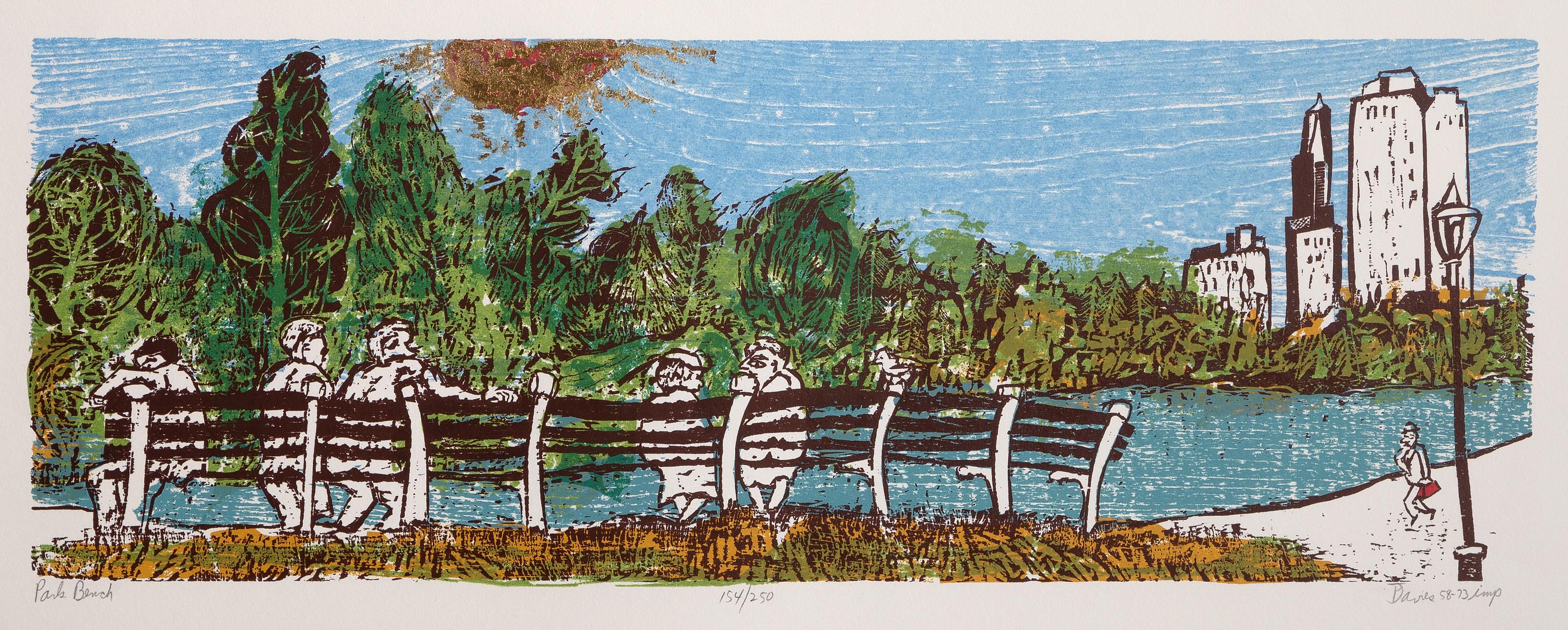 Ted Davies, American (1928 - ) - Park Bench, Year:  1958-1973, Medium:  Woodcut and Gold Foil on CM Fabriano Cotton paper, signed, titled and dated in pencil, Edition:  154/250, Image Size:  7.5 x 21 inches, Size:  11 x 25.5 in. (27.94 x 64.77 cm)