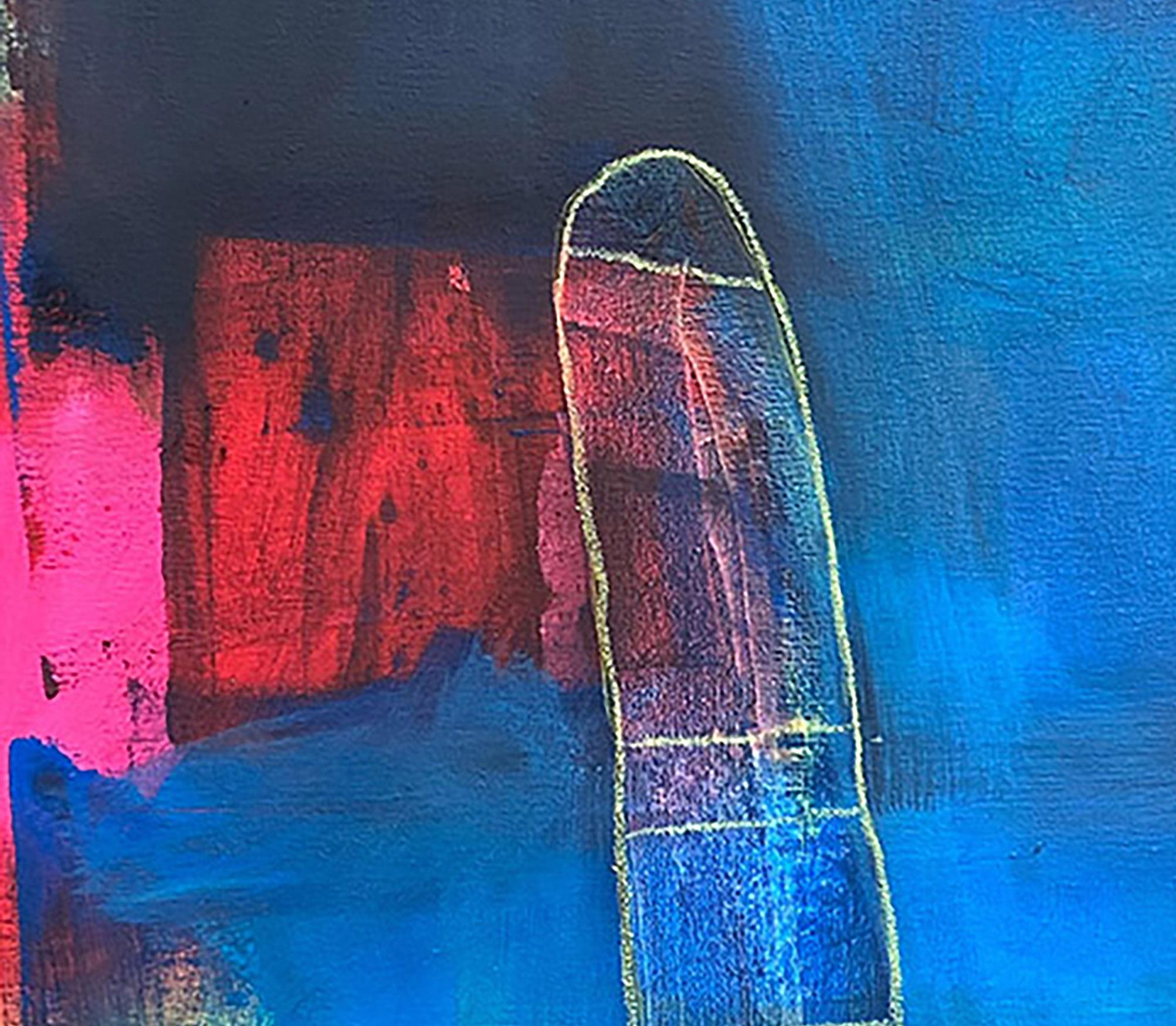 Blue of a Kind #1, blue, red, pink, red, neon, black, bright - Abstract Geometric Painting by Ted Dixon