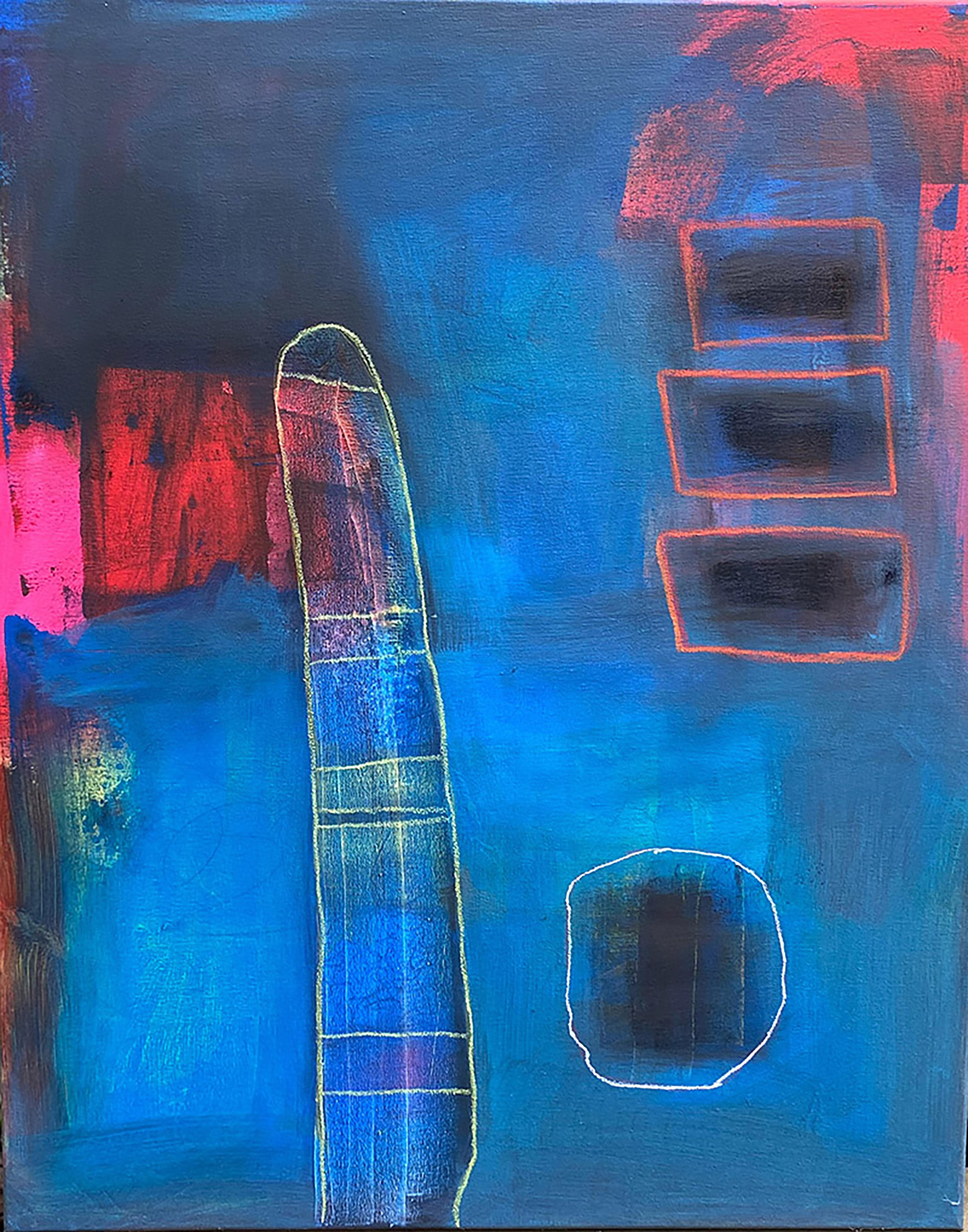 Ted Dixon Abstract Painting - Blue of a Kind #1, blue, red, pink, red, neon, black, bright