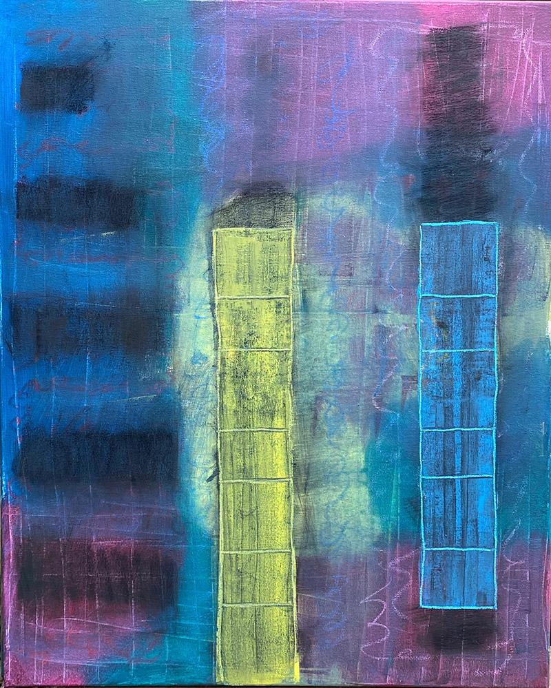 Ted Dixon Abstract Painting - Blue of a Kind #2, Blue, purple, yellow, neon, bright, dark, abstract