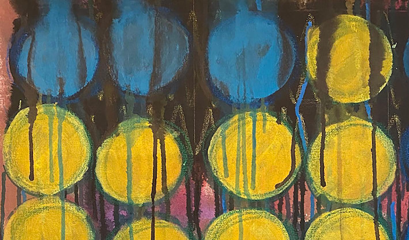 Capitalism, Abstract painting, acrylic on canvas, blue, yellow, patterns - Abstract Expressionist Painting by Ted Dixon