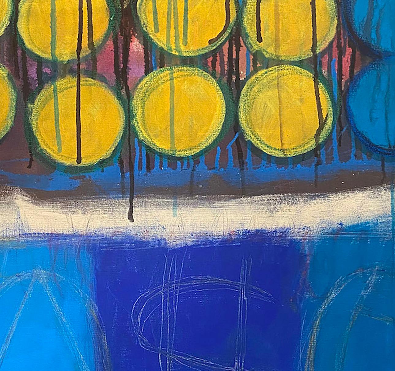 Capitalism, Abstract painting, acrylic on canvas, blue, yellow, patterns - Blue Abstract Painting by Ted Dixon