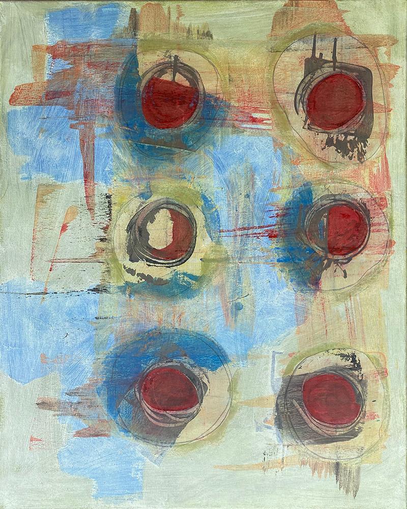 Ted Dixon Abstract Painting - Childhoods #1, red, blue, yellow, light colors, circles, patterned