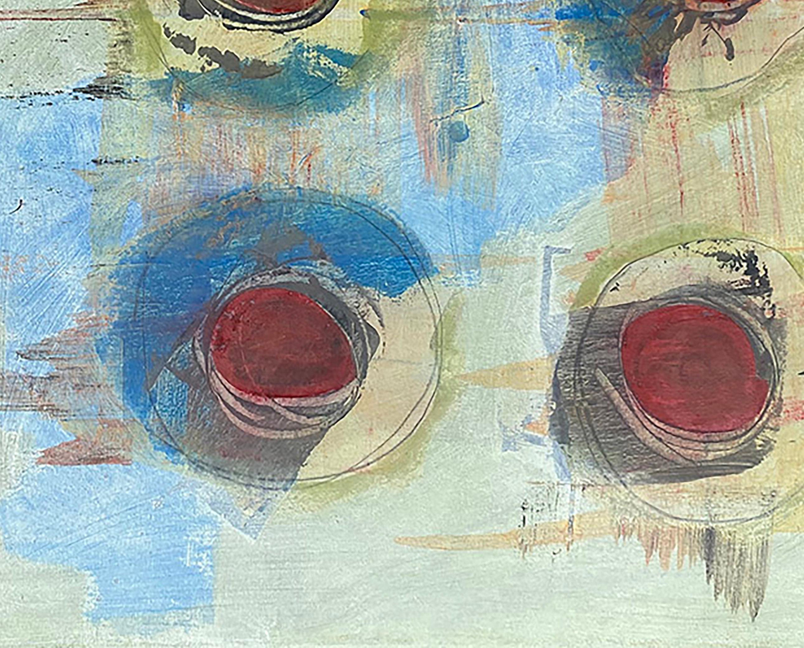 Childhoods #1, red, blue, yellow, light colors, circles, patterned - Abstract Geometric Painting by Ted Dixon
