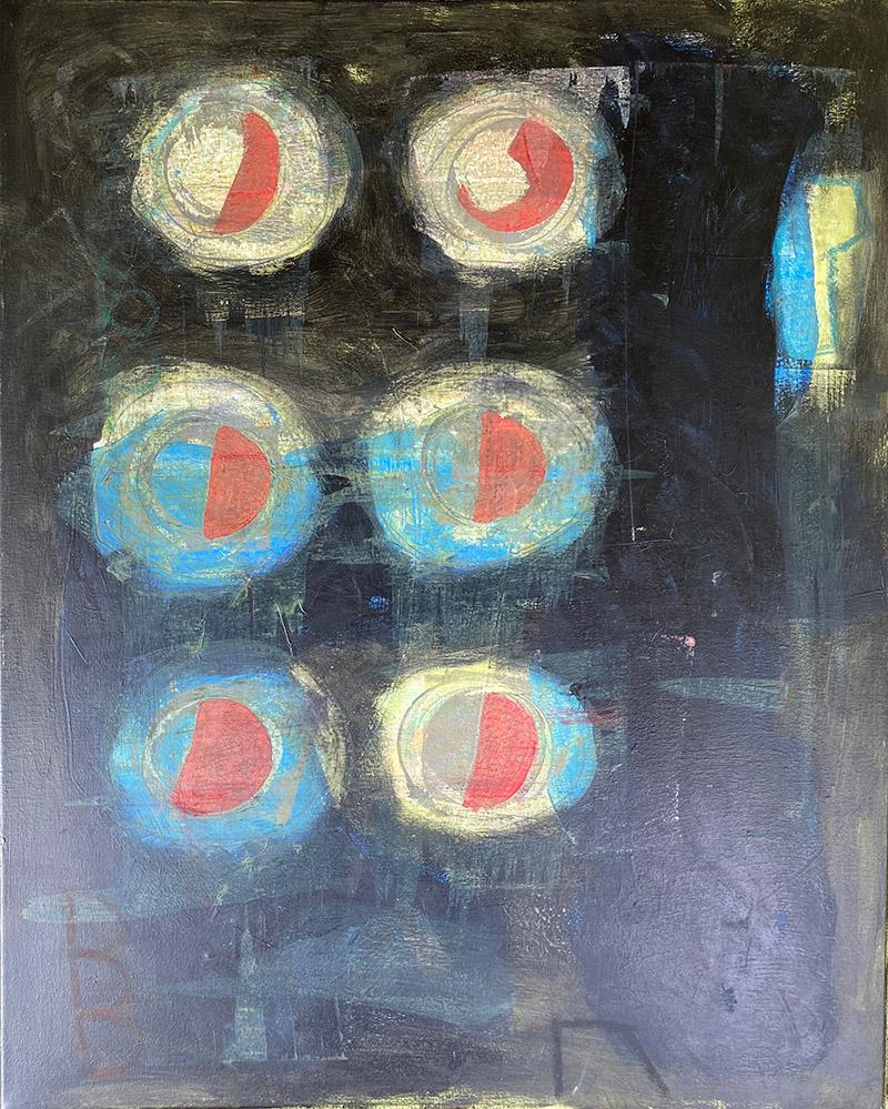 Ted Dixon Abstract Painting - Childhoods #2, black, blue, red, yellow, dark, bright, primary colors