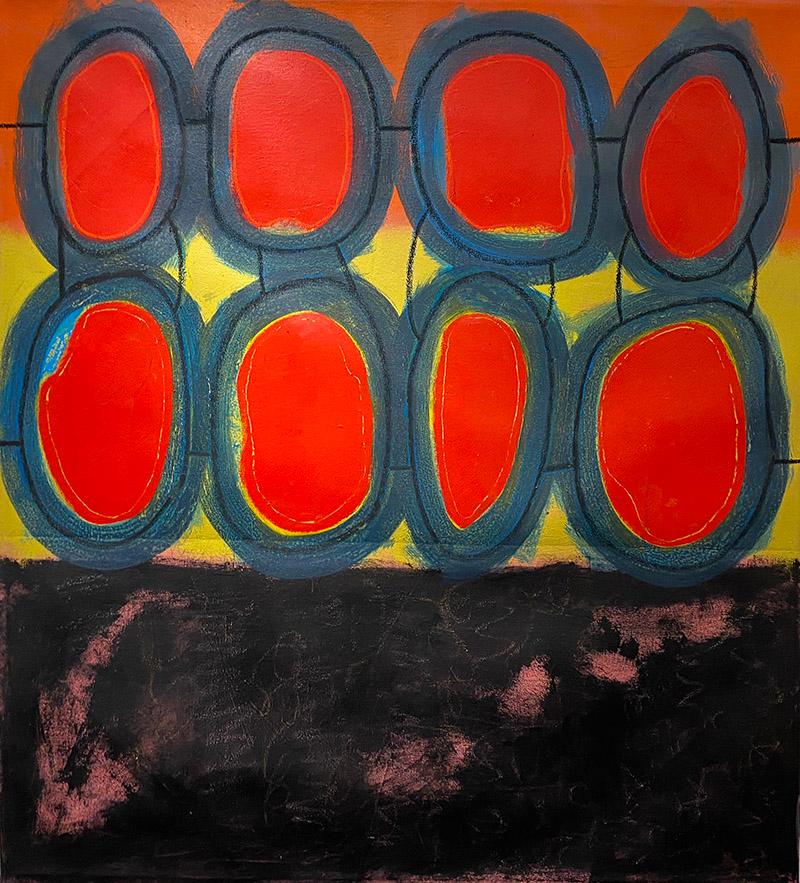 Abstract Painting di Ted Dixon - Circolazione #4  (astratto, rosso, giallo, motivi, geometrico, pittura acrilica)