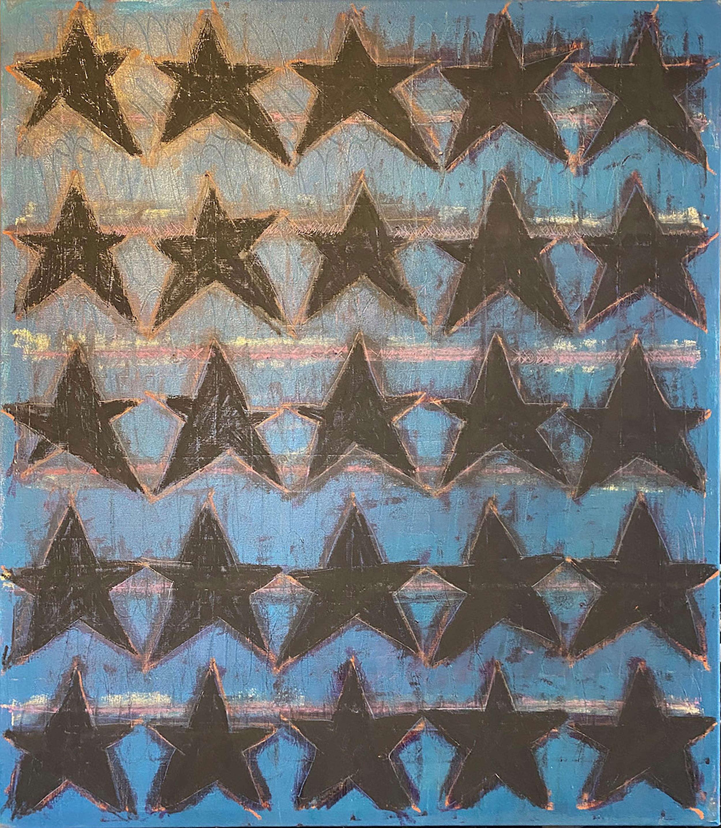 Abstract Painting de Ted Dixon - Ciudadanía, Pintura abstracta, acrílico sobre lienzo, azul, estrellas, motivo