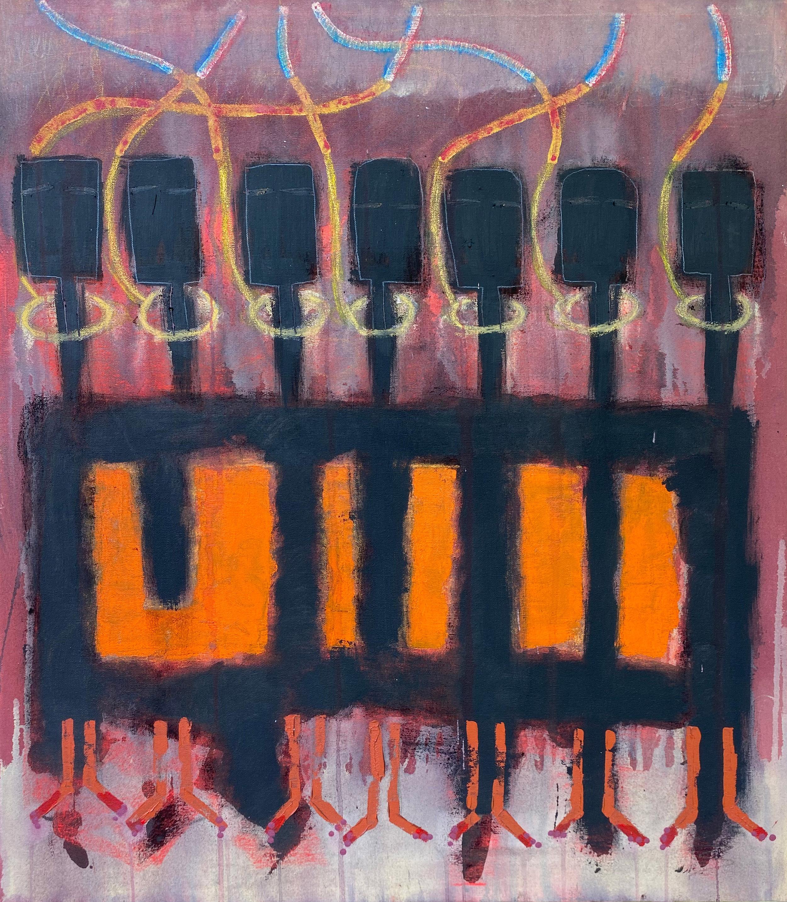 Democracy, Abstraktes Gemälde, Acryl auf Leinwand, Juwelentöne, Figuren