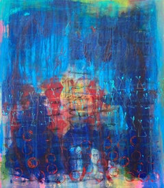 Dispossession, Abstraktes Gemälde, Acryl auf Leinwand, farbenfroh, Blau