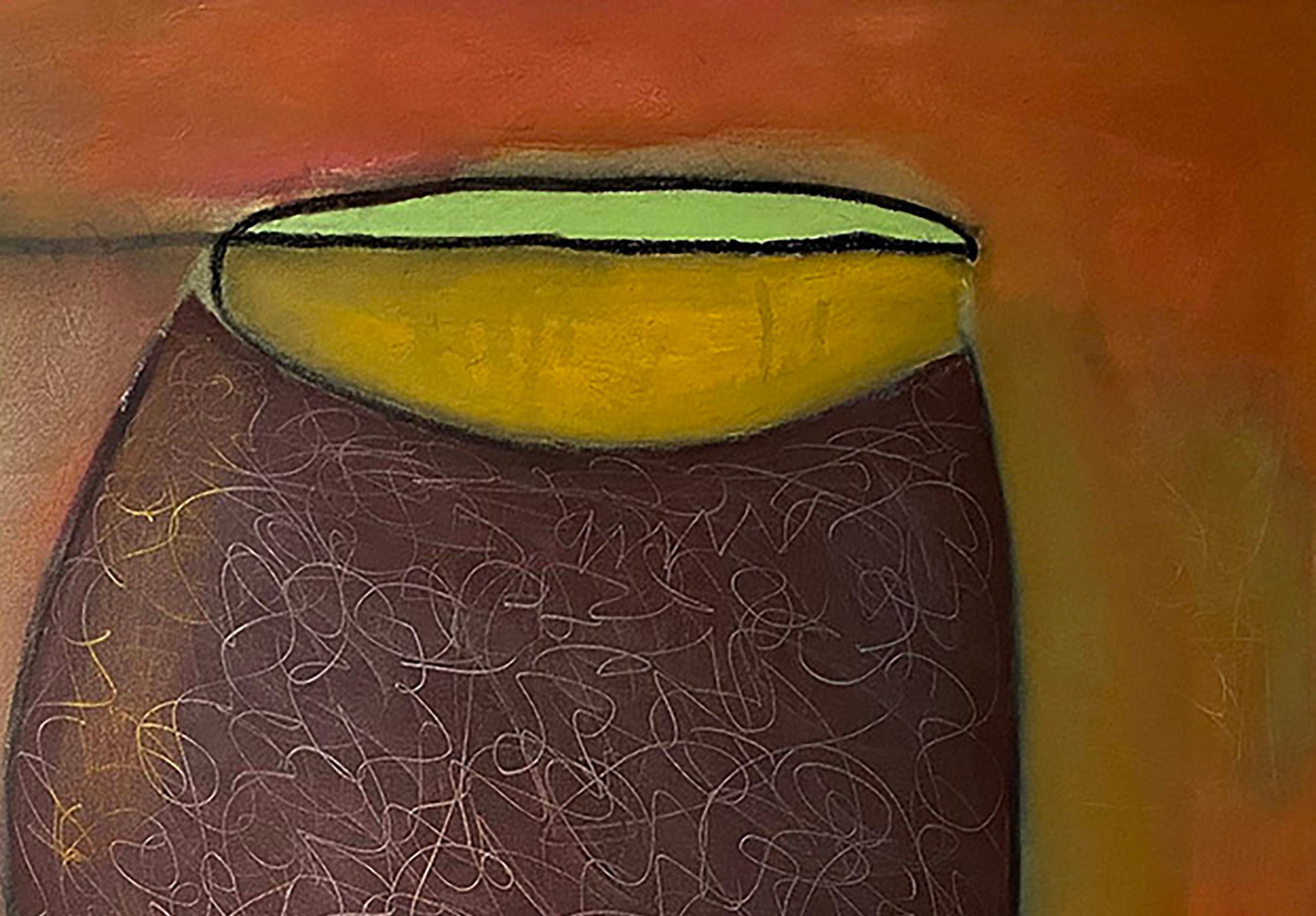 Good Morning #3, brown, red, green, abstract, vessel, muted For Sale 2