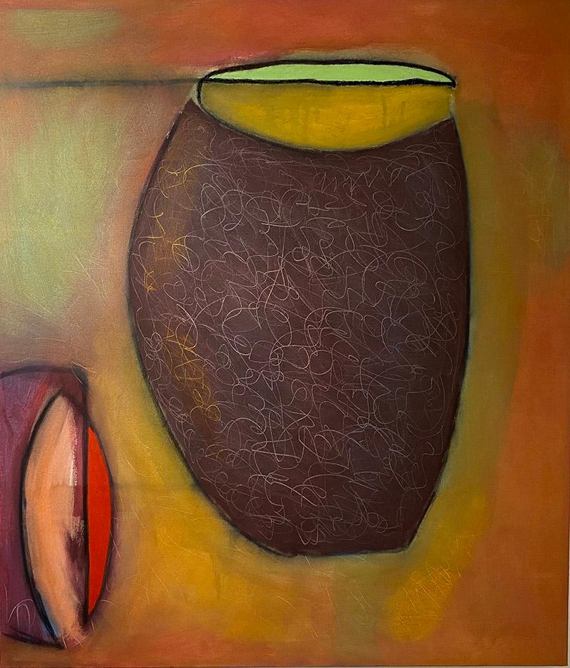 Ted Dixon Abstract Painting - Good Morning #3, brown, red, green, abstract, vessel, muted