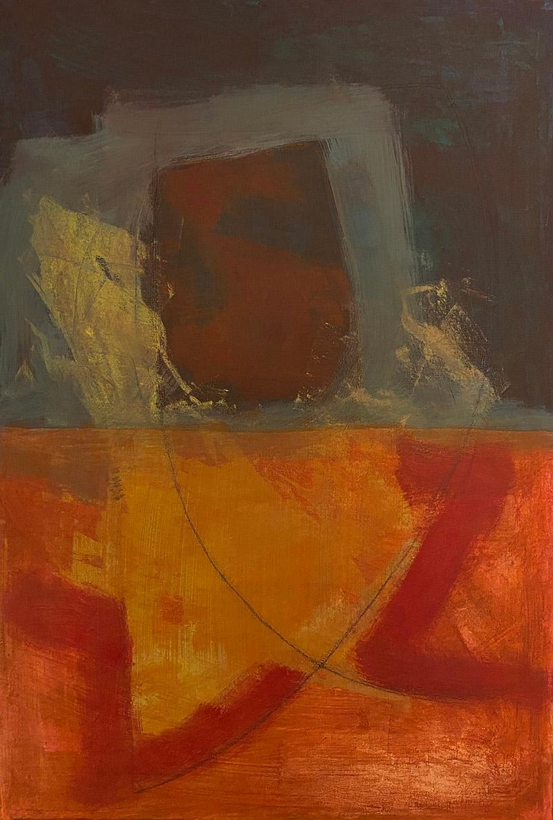 Ted Dixon Abstract Painting - In A Moment, red, brown, yellow, abstract, painterly, neutrals, dark
