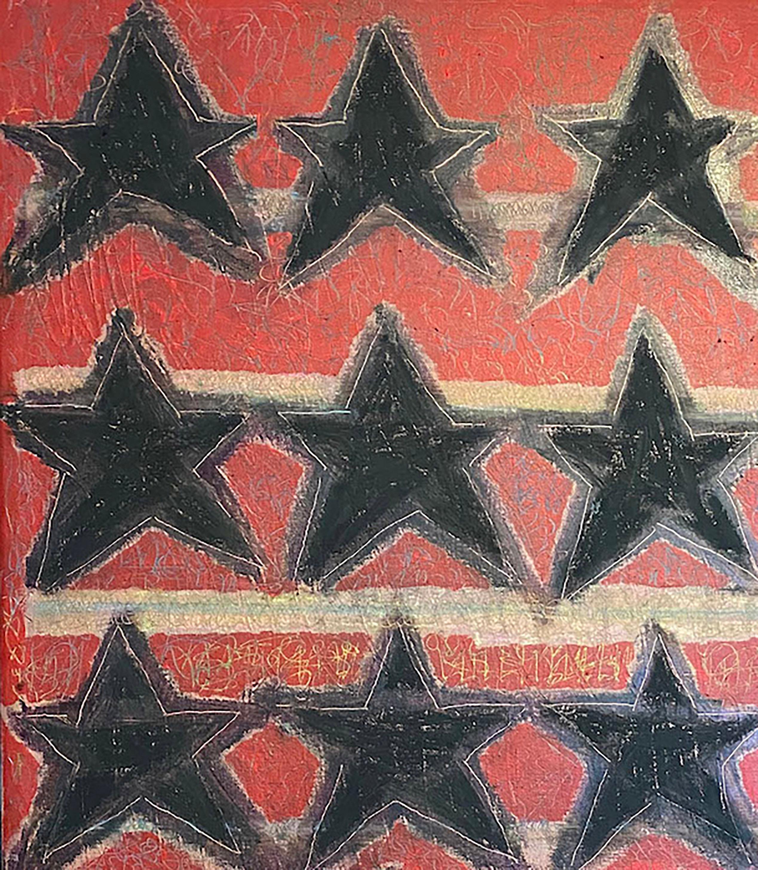 Politica, Pittura astratta, acrilico su tela, rosso, stelle, motivi - Painting di Ted Dixon
