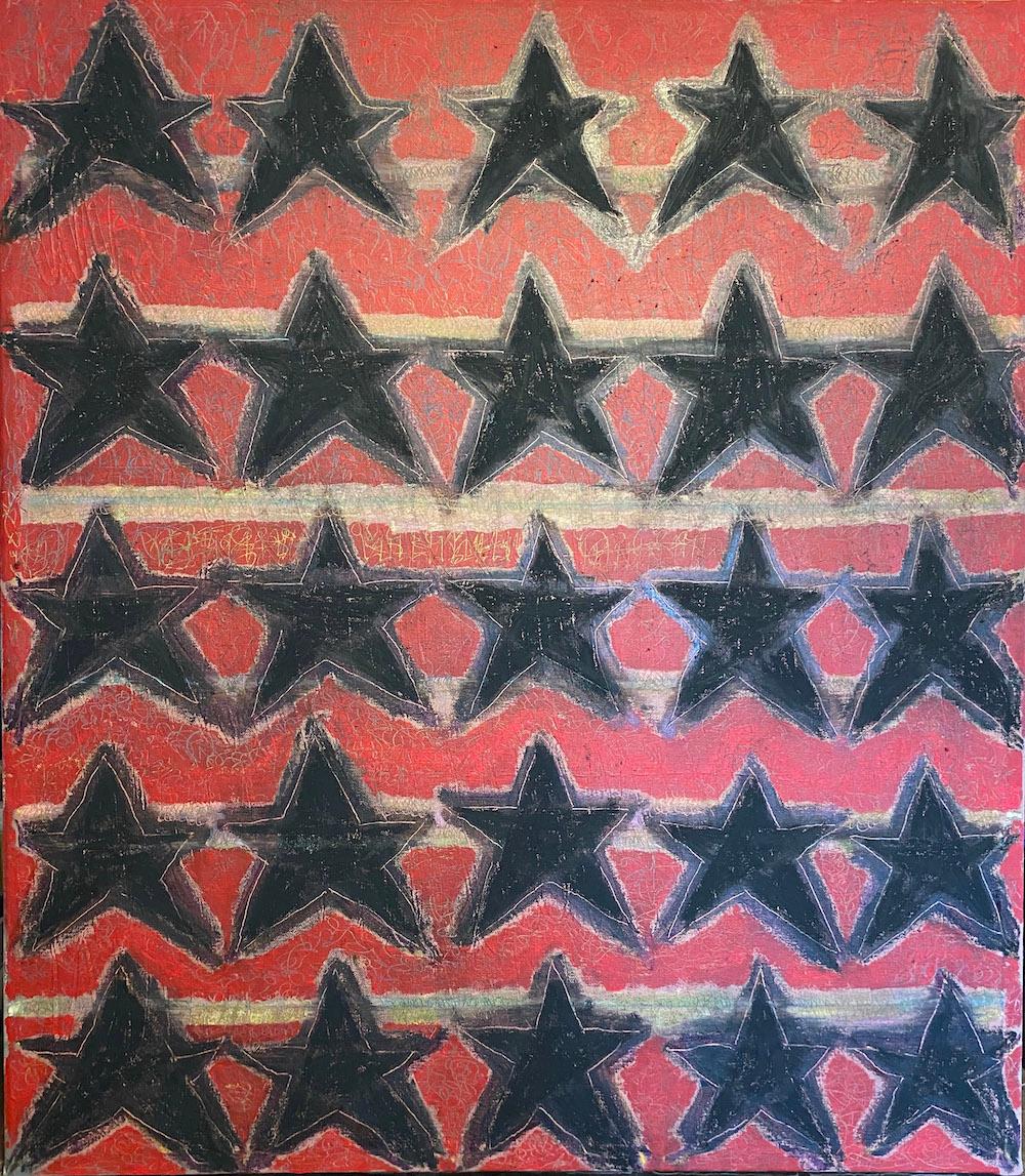 Abstract Painting di Ted Dixon - Politica, Pittura astratta, acrilico su tela, rosso, stelle, motivi