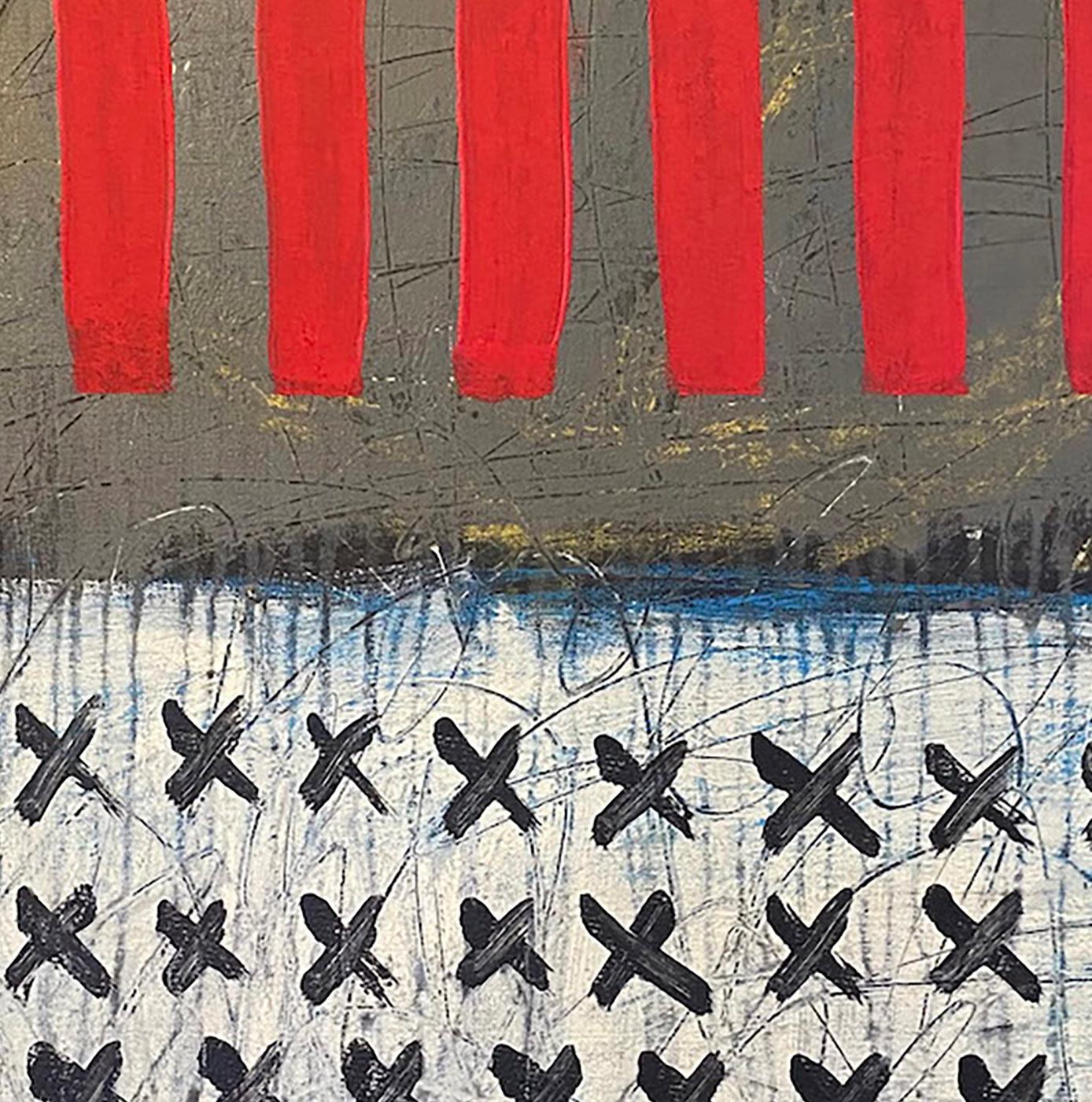 Progress, Pittura astratta, acrilico su tela, rosso, motivi, bandiera - Abstract Painting Marrone di Ted Dixon