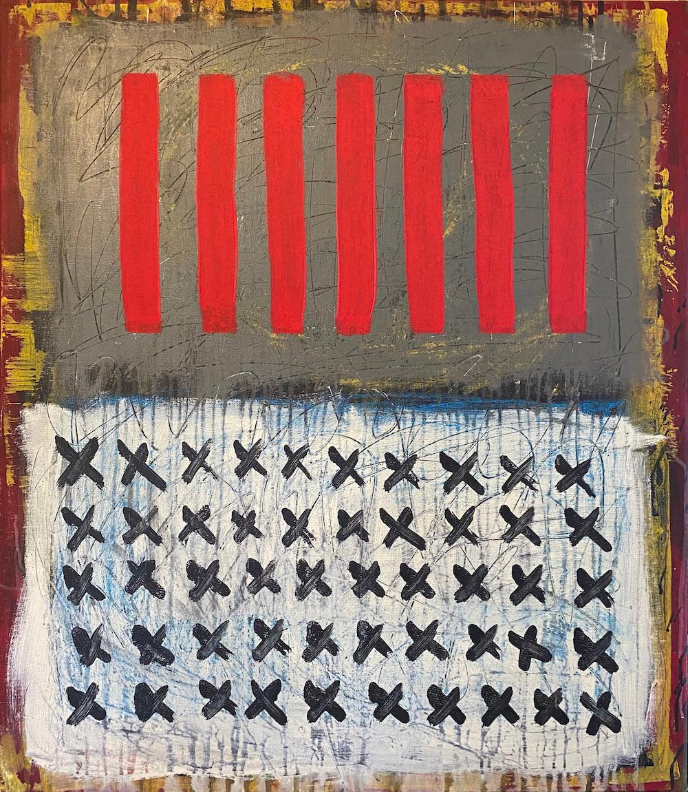 Abstract Painting di Ted Dixon - Progress, Pittura astratta, acrilico su tela, rosso, motivi, bandiera