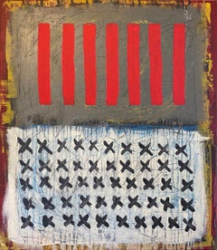 Progress, Abstract painting, acrylic on canvas, red, patterns, flag