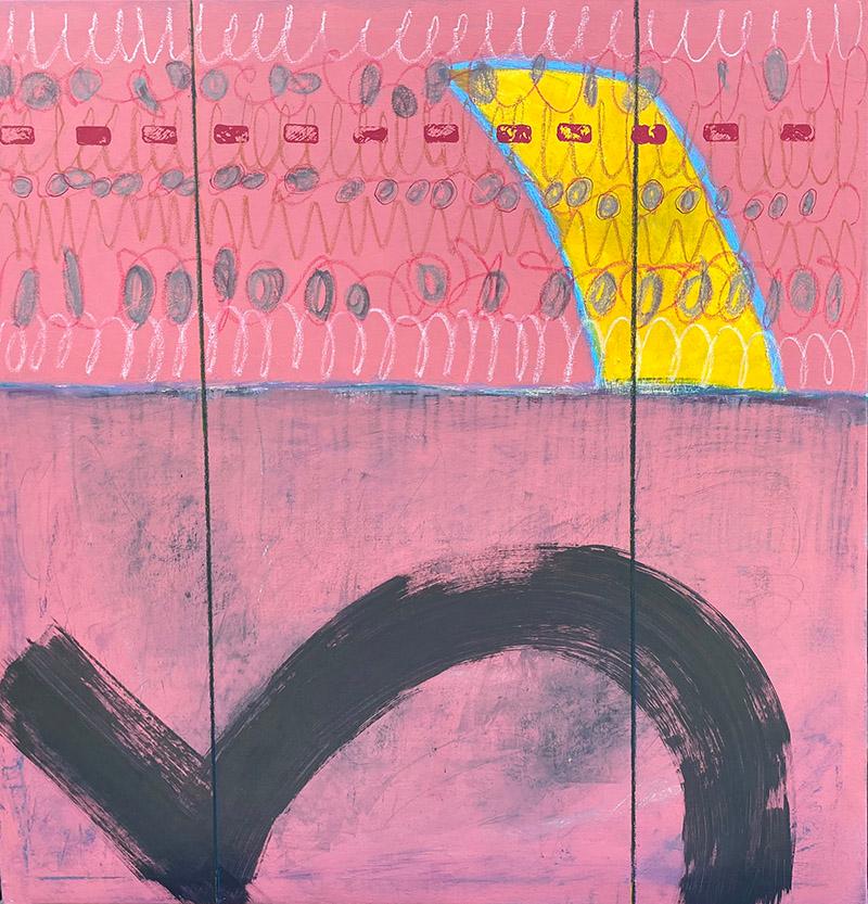 Ted Dixon Abstract Painting – Raise The Bar #1, rosa, schwarz, gemustert, gelb, Schrift, blau