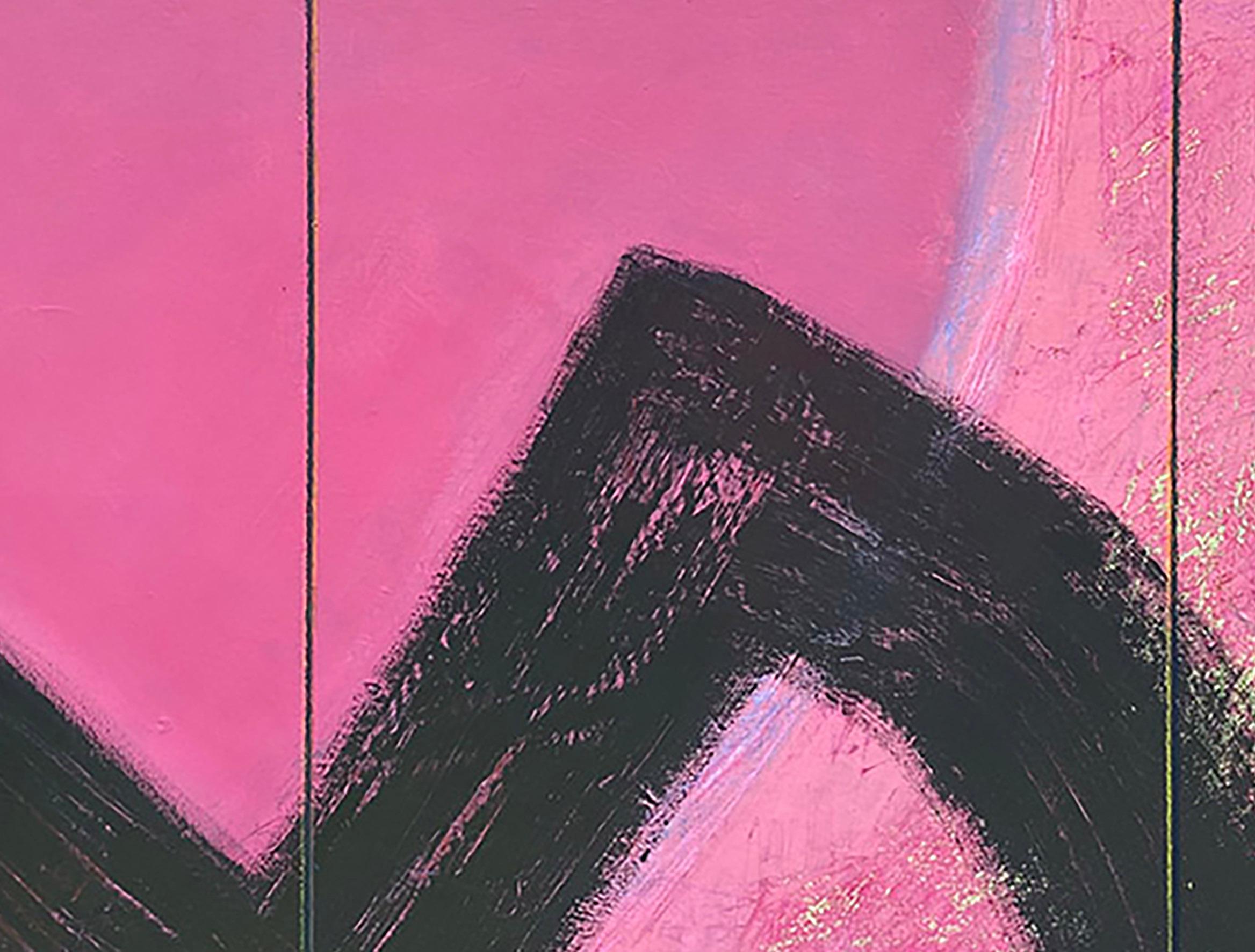 Raise The Bar #2, pink, black, blue, yellow, patterns, script, graphic, abstract - Painting by Ted Dixon