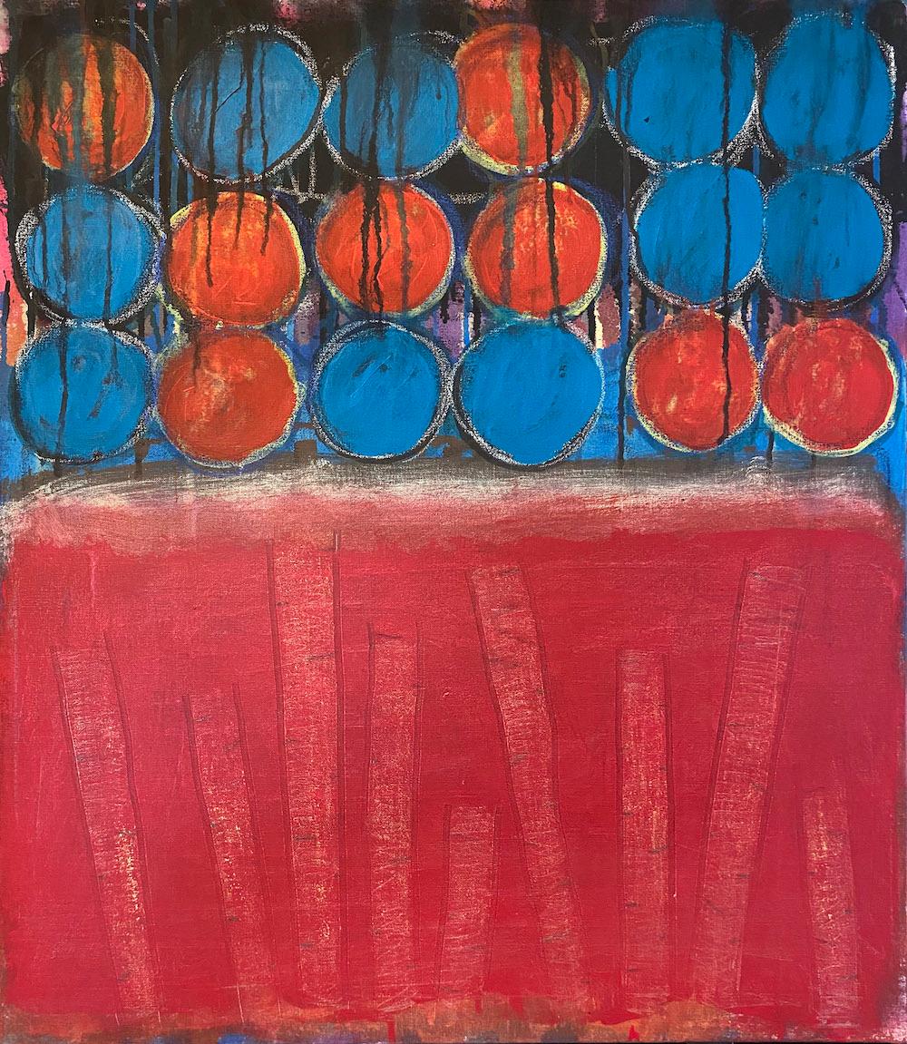 Abstract Painting di Ted Dixon - Zucchero, pittura astratta, acrilico su tela, rosso, blu, motivi