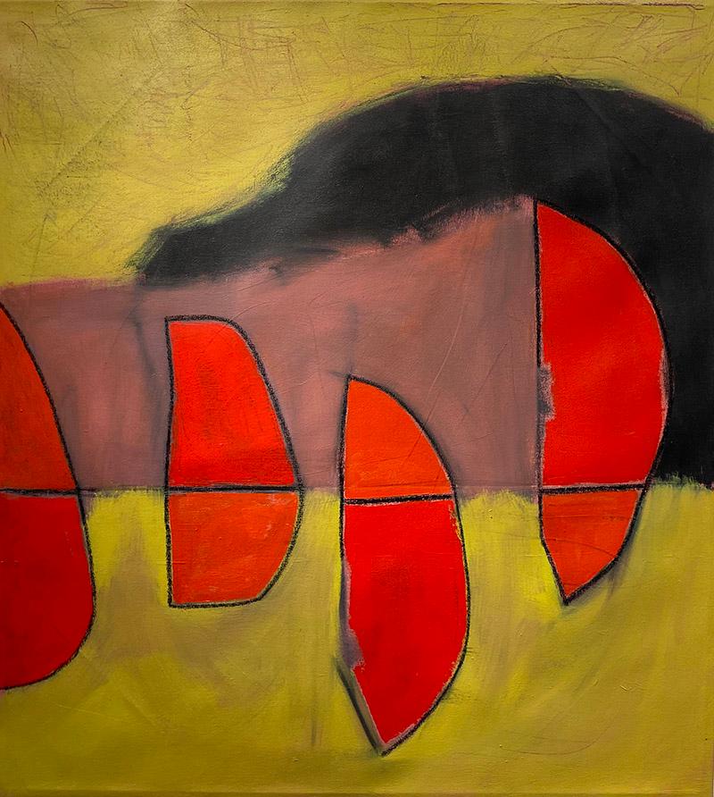 Ted Dixon Abstract Painting - Turn Left At Mars, red, yellow, black, abstract, dark colors, bold