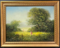 Children Gathering Flowers & Butterfly Nets Wild Flower Meadows, Oil Painting