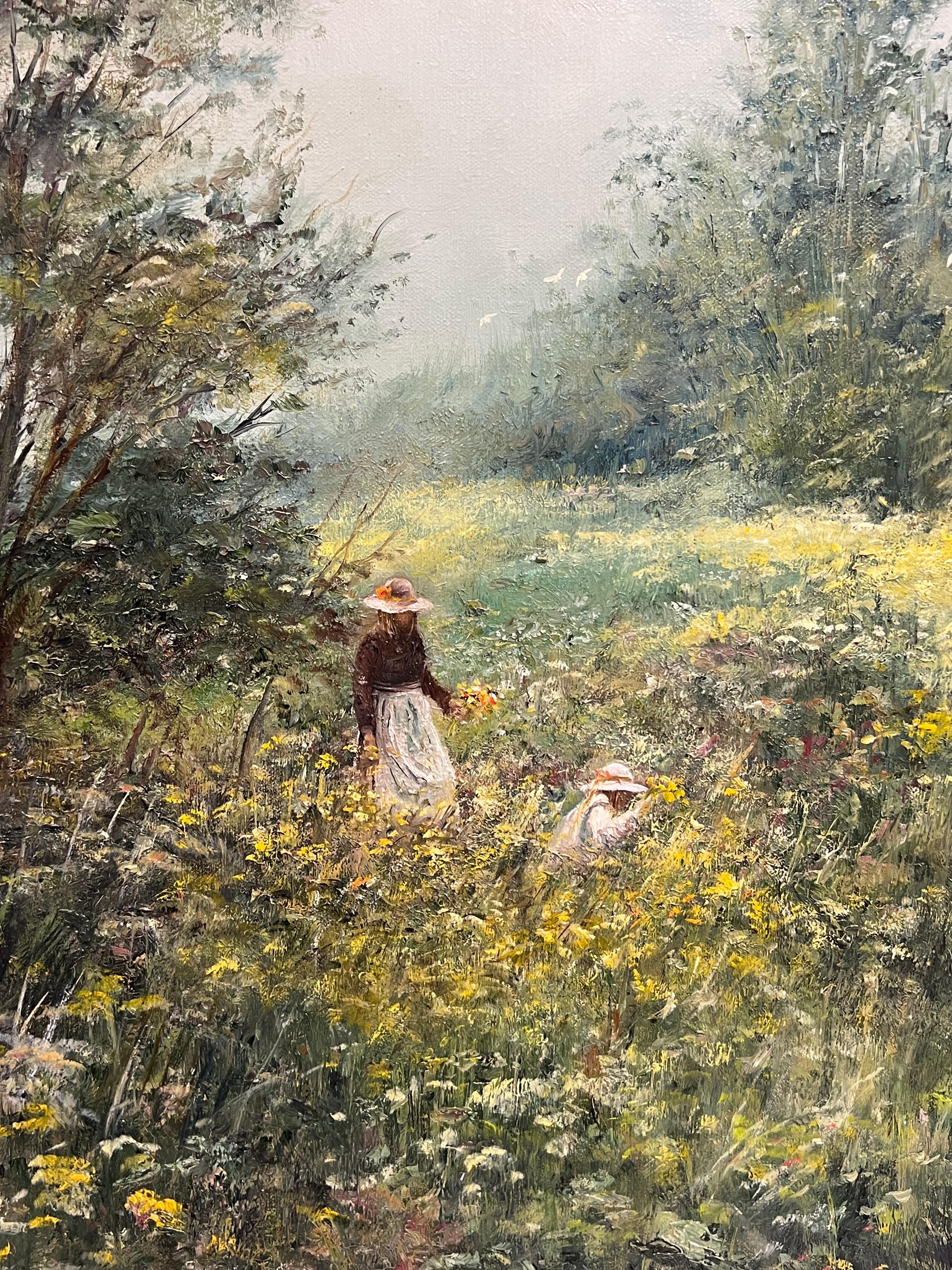 Large Traditional English Countryside Oil Painting Picking Flowers Wild Meadows For Sale 3